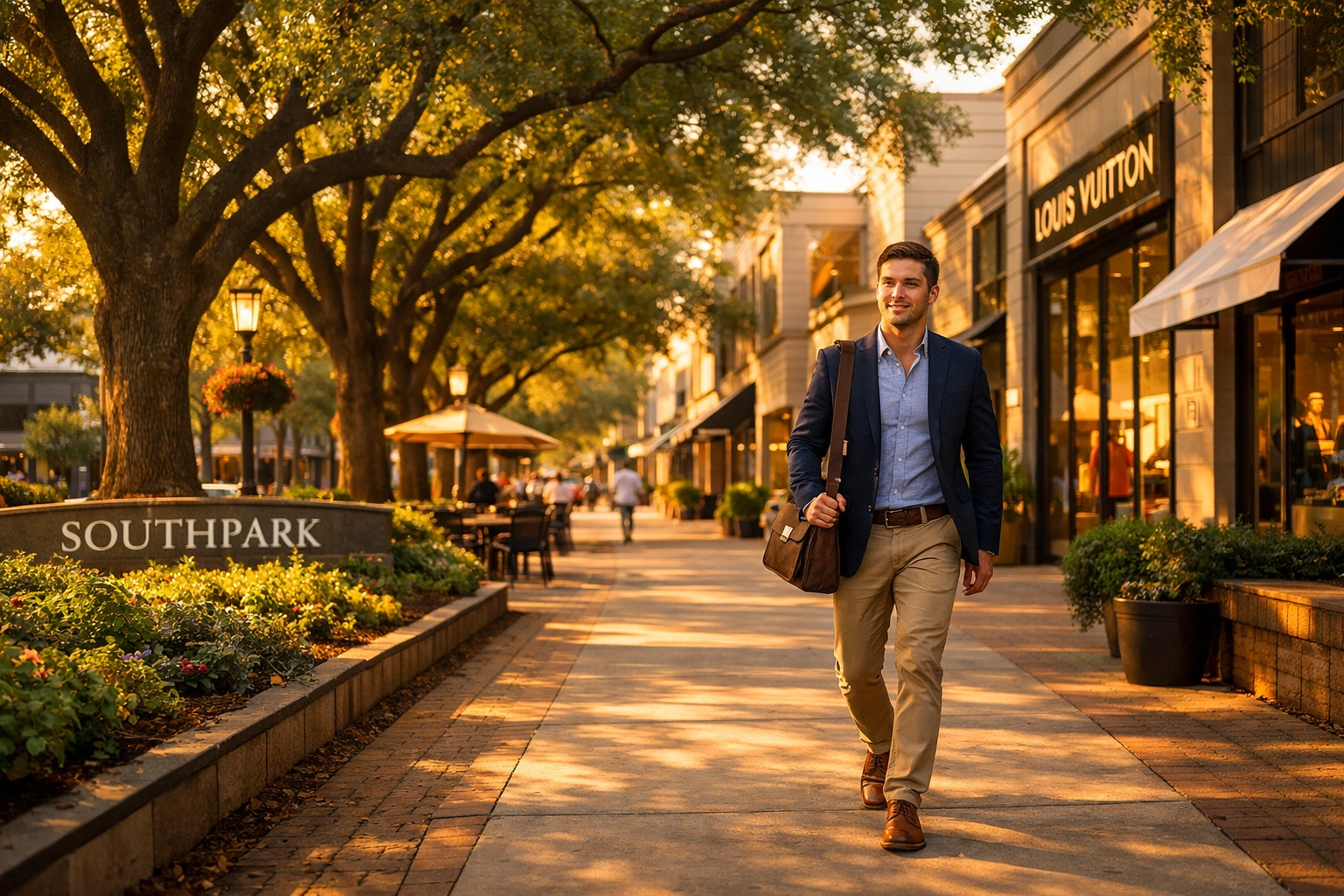 A professional walking down a sun-drenched, tree-lined street in the upscale SouthPark neighborhood of Charlotte.
