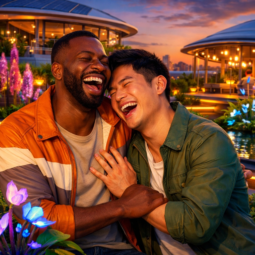 Gay couple laughing in rooftop garden, showing LGBTQ+ resilience, queer joy, and future visions
