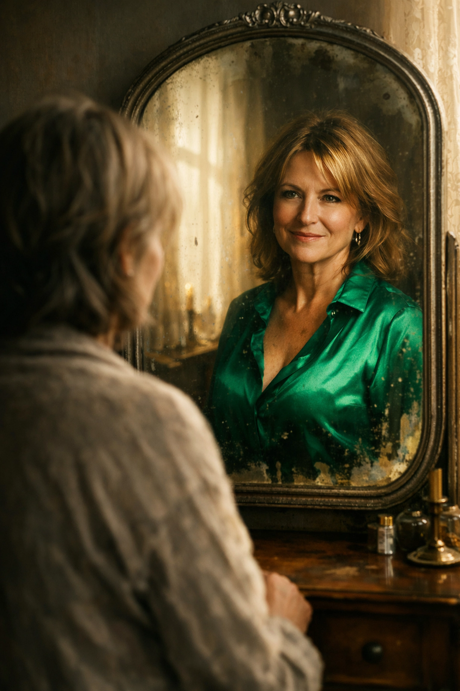 A woman's vibrant reflection in a mirror, symbolizing her authentic self emerging as she heals from self abandonment.