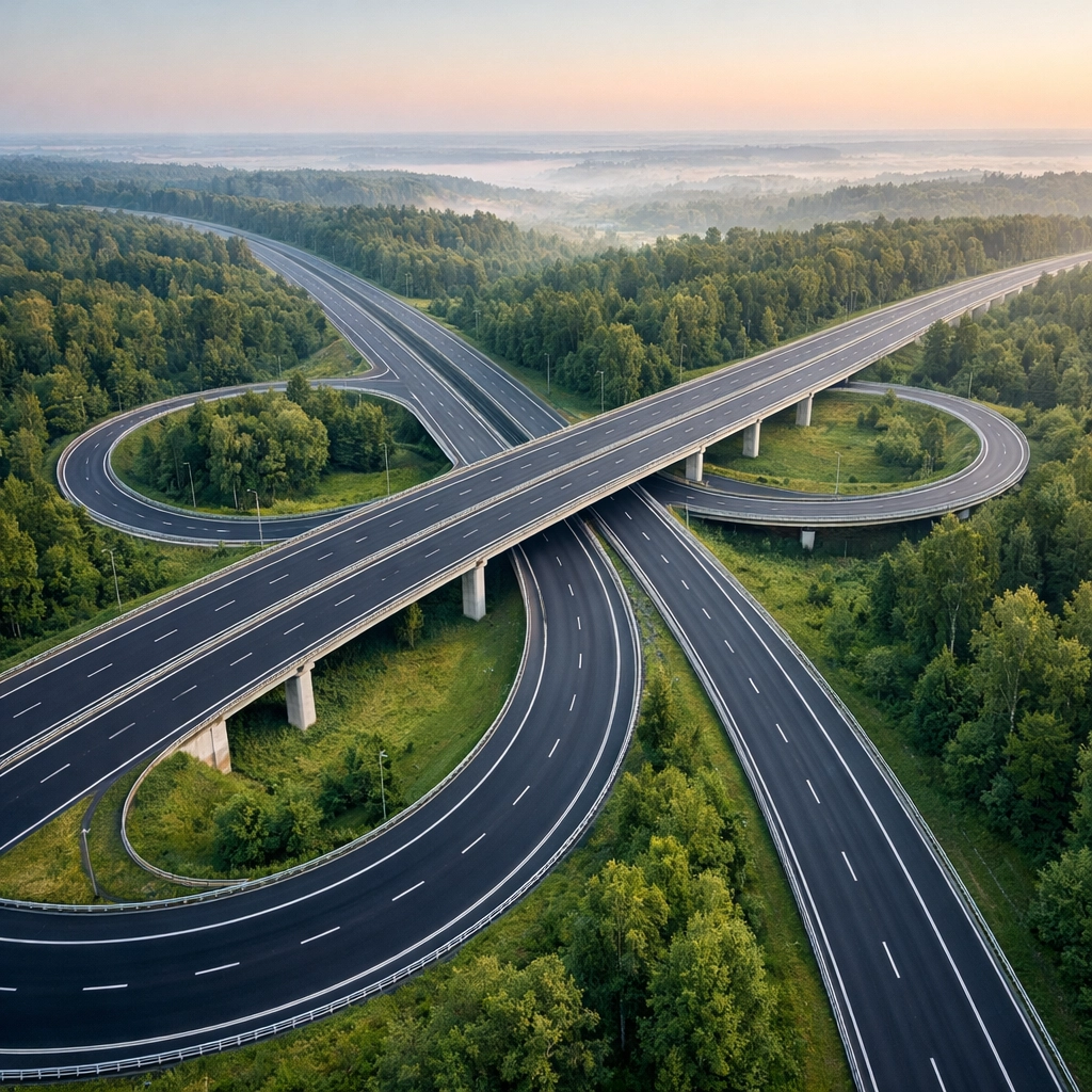 Aerial view of a modern highway interchange in Macedonia, Ohio, providing easy commutes to Cleveland and Akron.