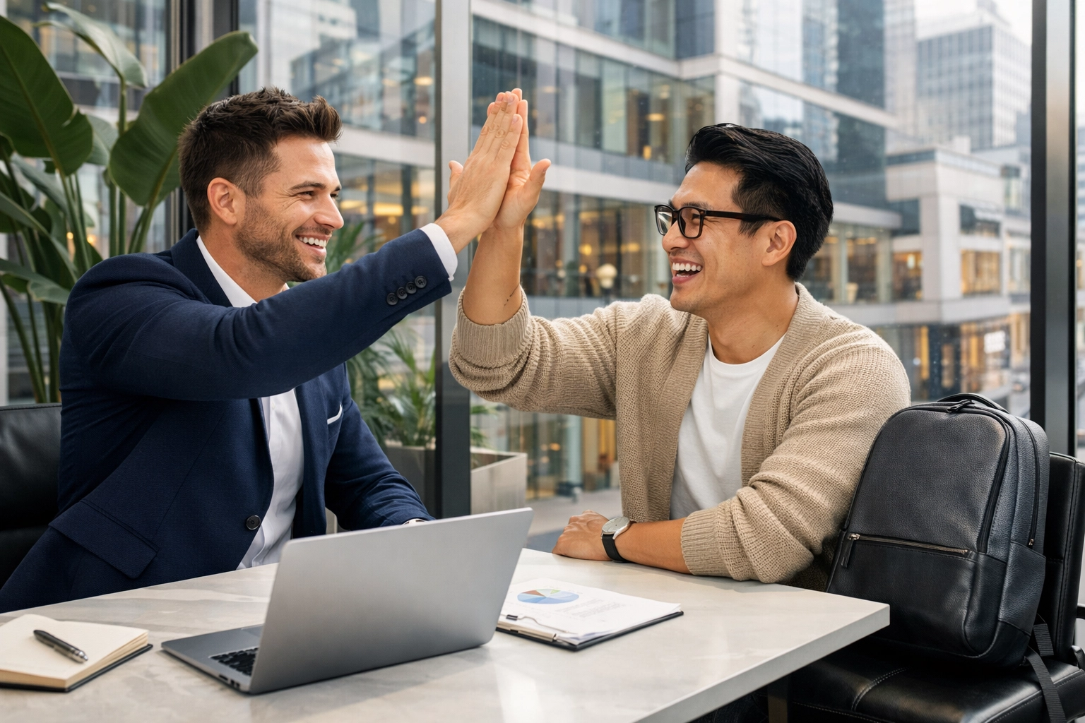 Expert consultants finalizing a strategic music marketing partnership in a high-end professional office.