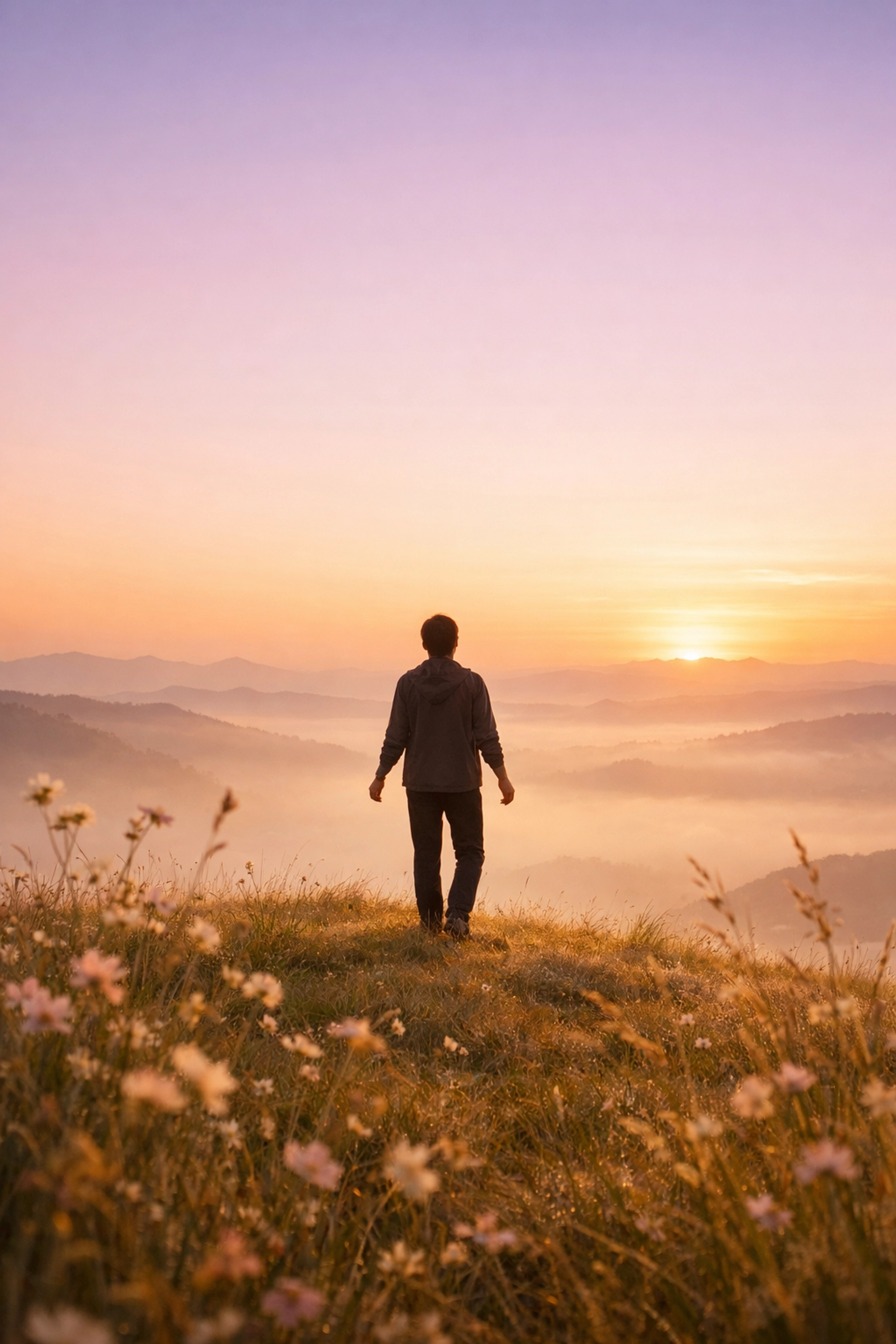 Person at sunrise on a hill representing the freedom and peace of a deeper self-love journey.