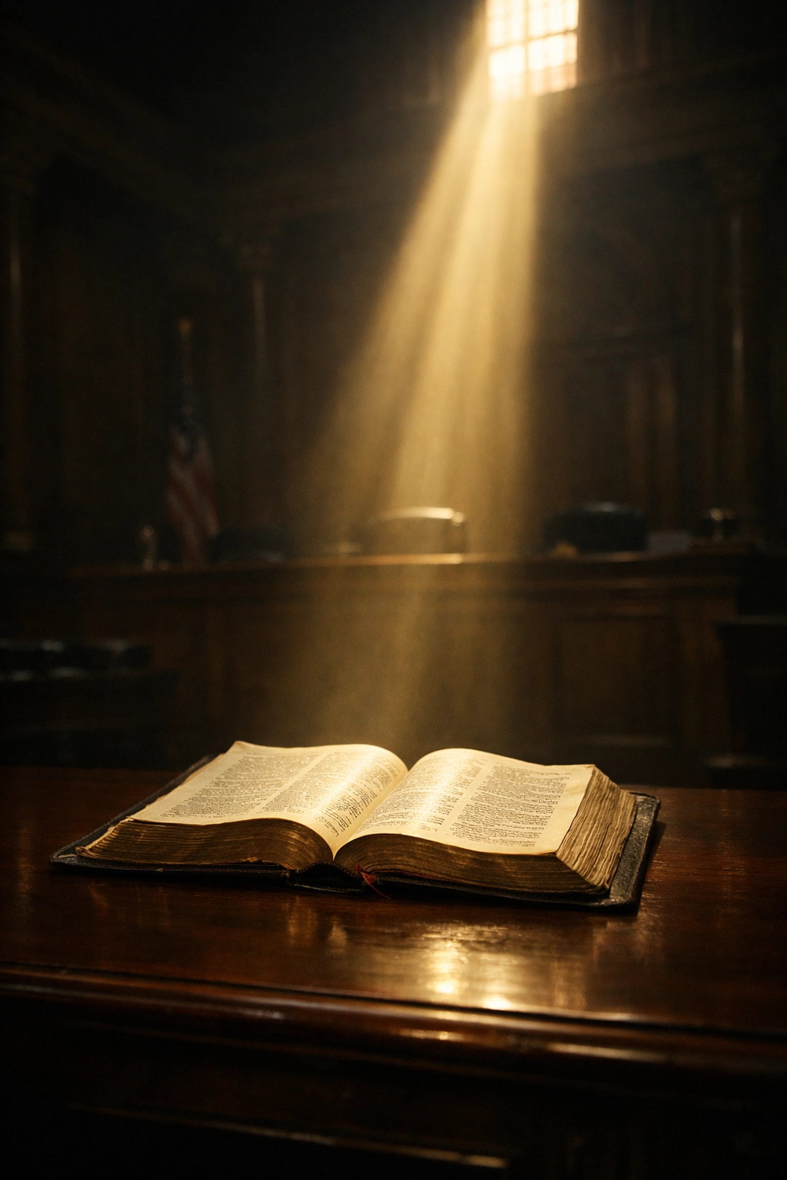 An open Bible on a courtroom table under a beam of light, symbolizing religious truth on trial.