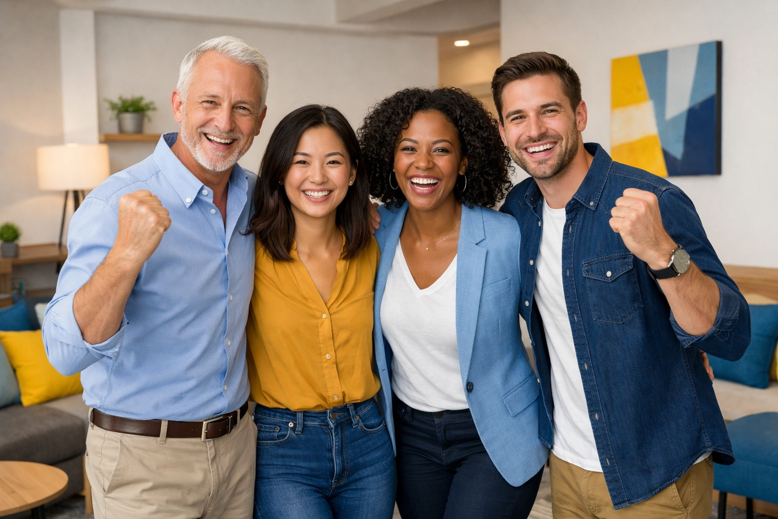Diverse nonprofit team celebrating a successful donor engagement and texting campaign.