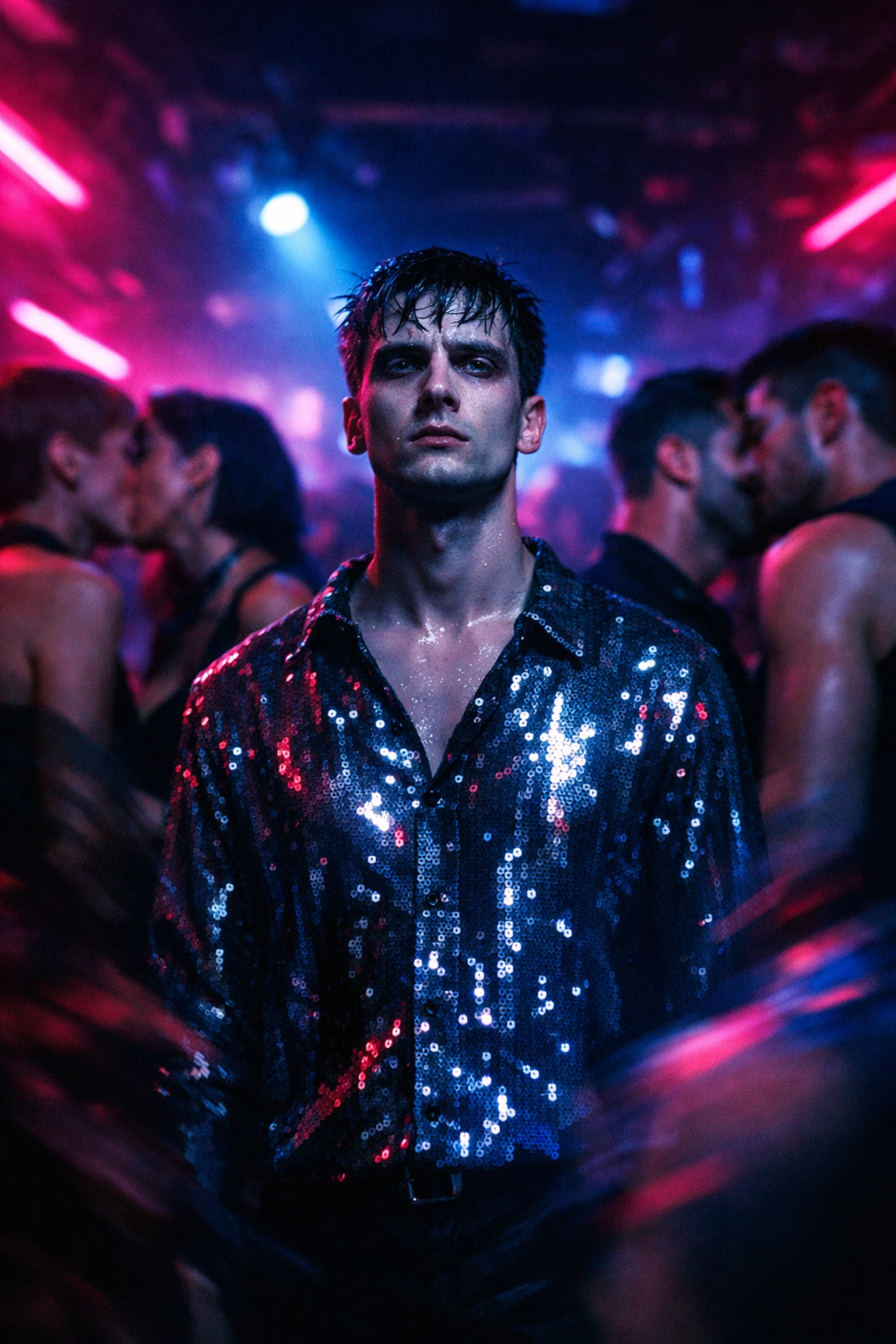 A pale gay man in a sequined shirt looks lost and vacant in a blurred, neon-lit nightclub.