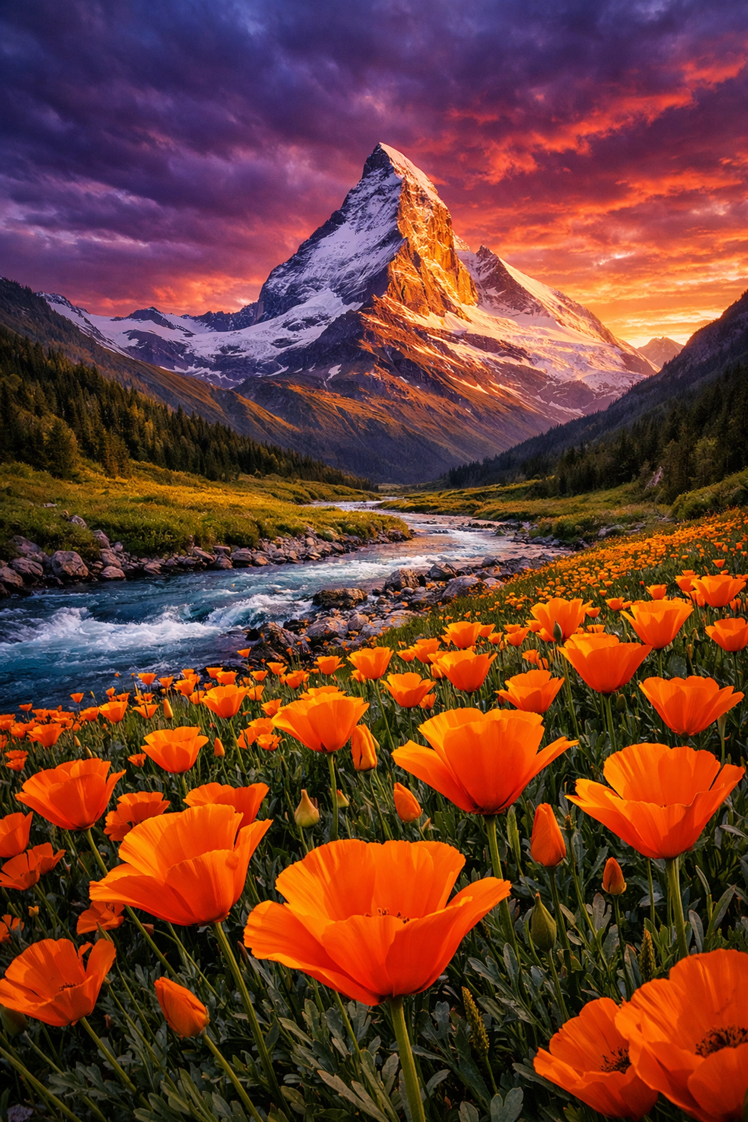 Vibrant landscape with foreground poppies and a winding river, showing effective photography composition tips.