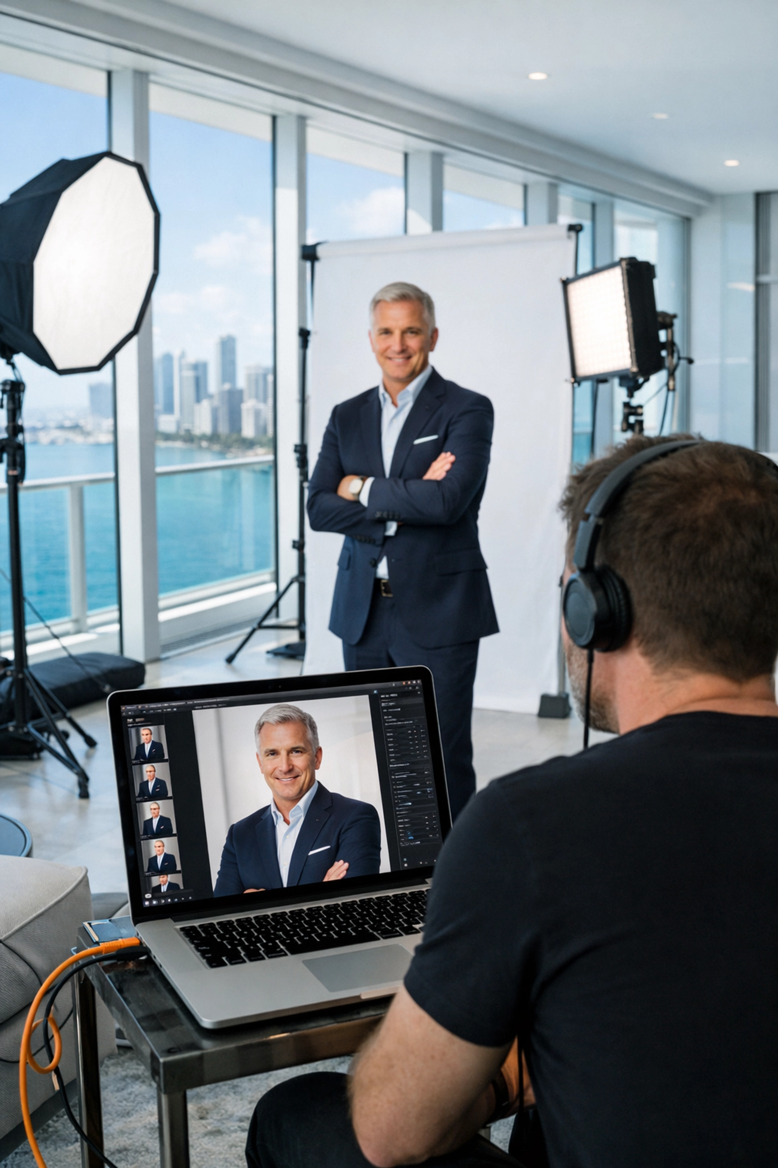 Miami headshot photographer capturing professional business portraits in a sleek Brickell penthouse studio.