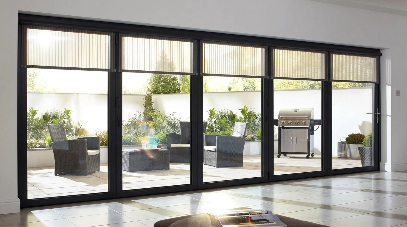 Modern bifold doors in intense summer sunlight