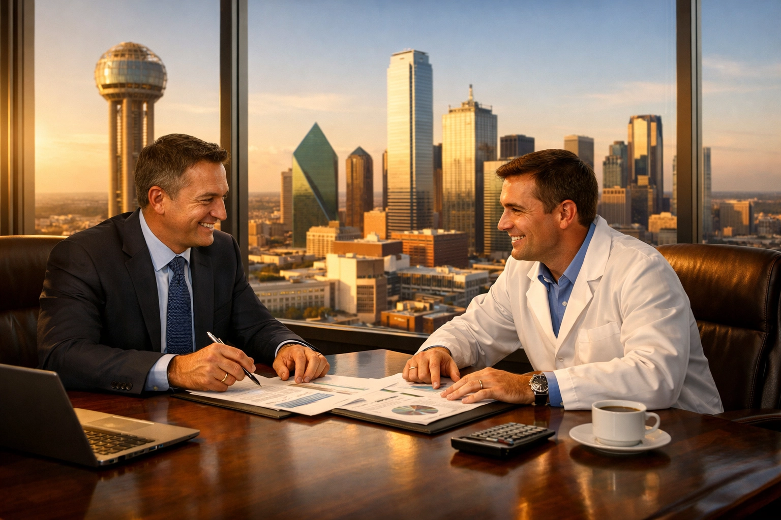 Strategic financial advisory meeting with the Dallas-Fort Worth skyline in the background.