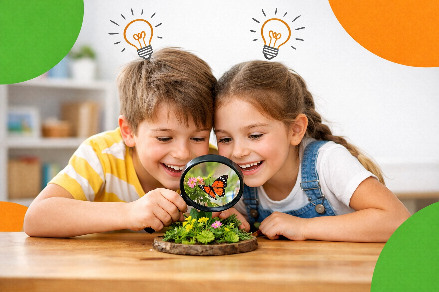 Curious children exploring nature with a magnifying glass to encourage lifelong learning and stewardship.