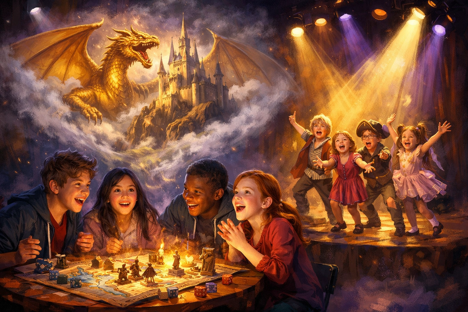 Teens in a D&D camp and kids in acting classes at Rockwall Acting summer camps for kids activities in Rockwall TX.