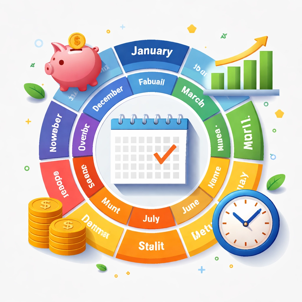 Year-round tax planning calendar with financial icons representing proactive tax savings strategies