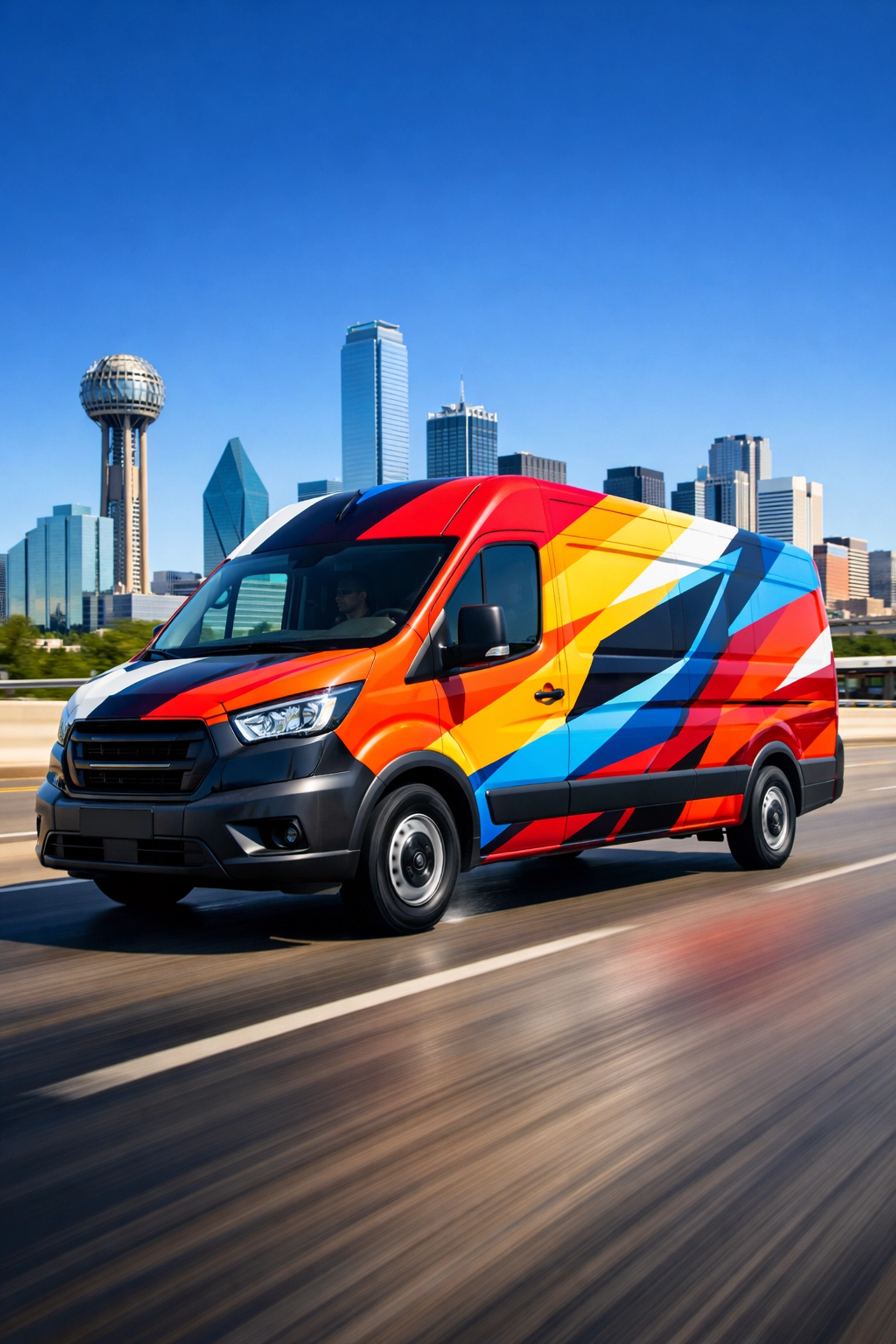 Mobile advertising vehicle wrap on a delivery van driving near the Dallas skyline.