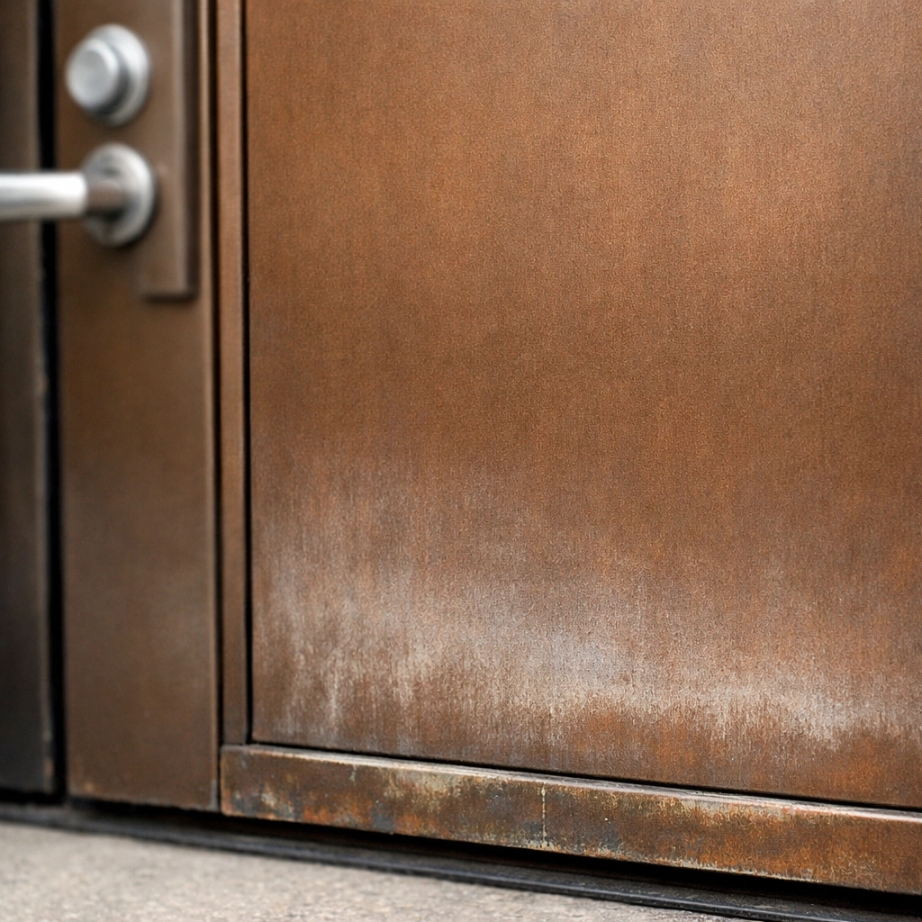 Metal entrance door showing early coating failure with fading and discoloration