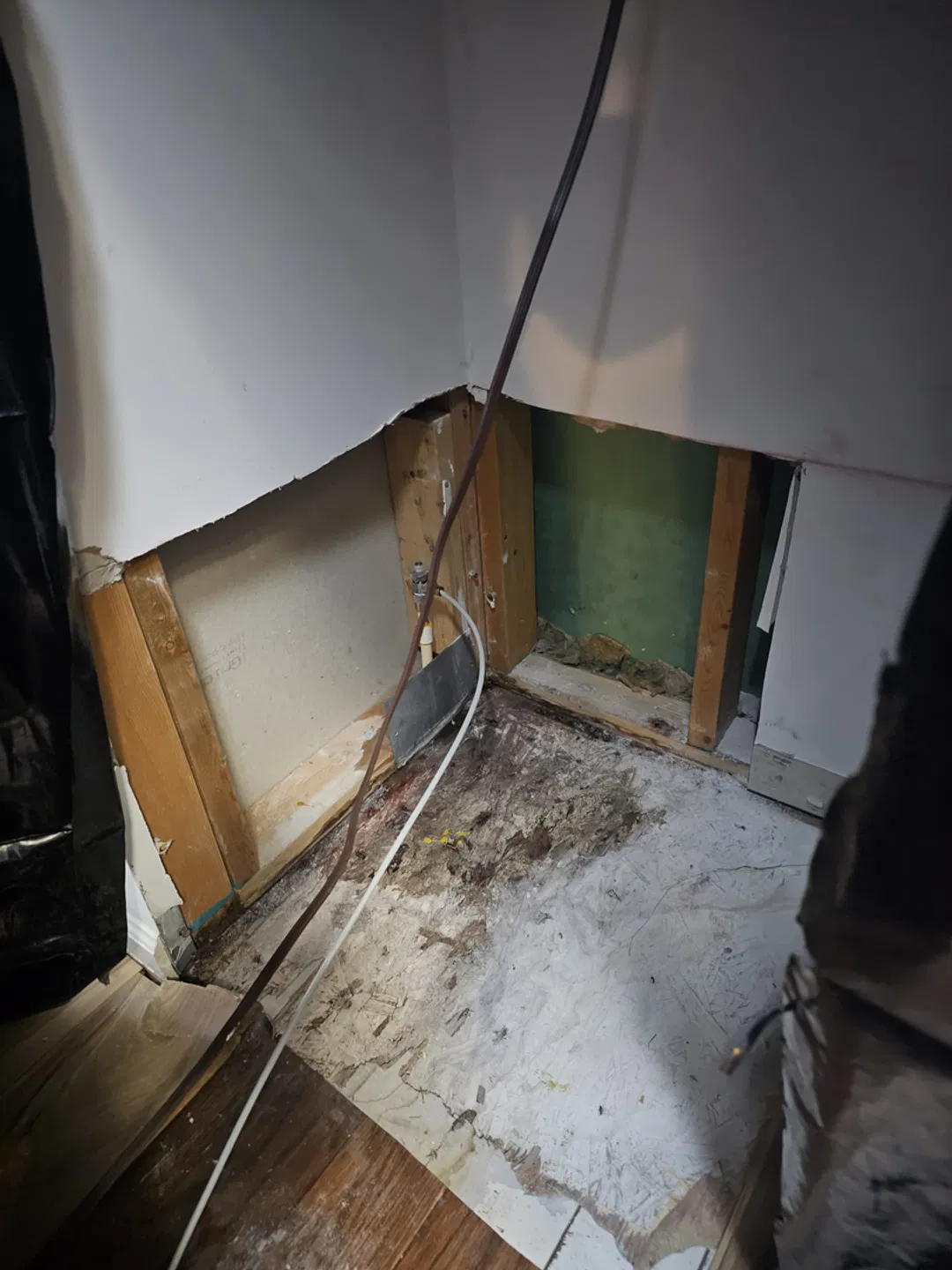 Water-damaged wall and floor in a residential property, drywall removed to expose wooden framing and insulation.