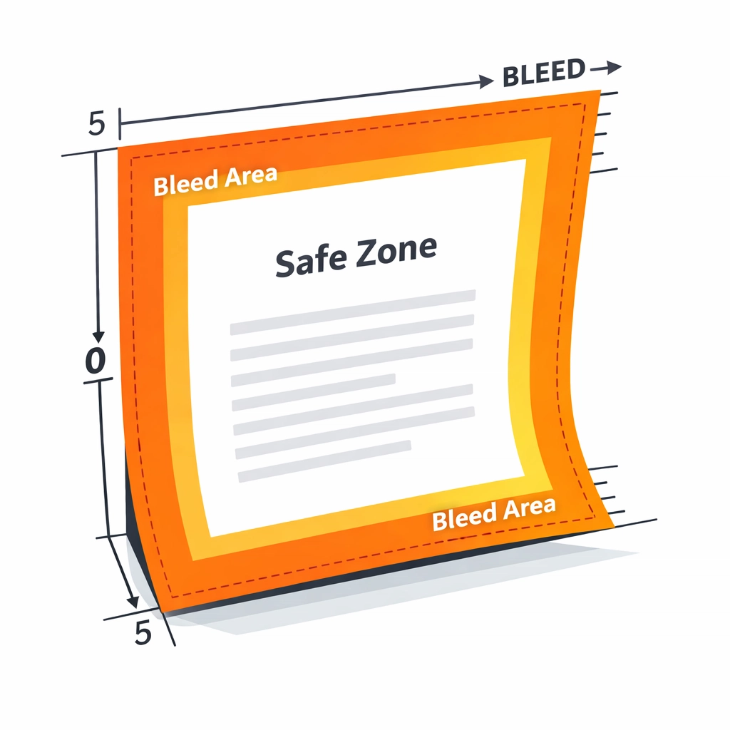 Print document bleed margins and safe zone illustration showing proper setup for commercial printing