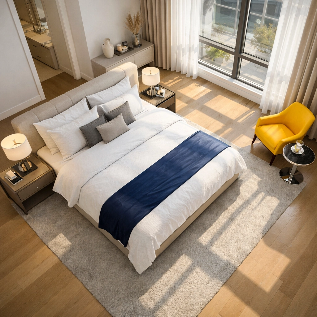 Spotless luxury master bedroom in Wayland maintained by professional residential cleaners.