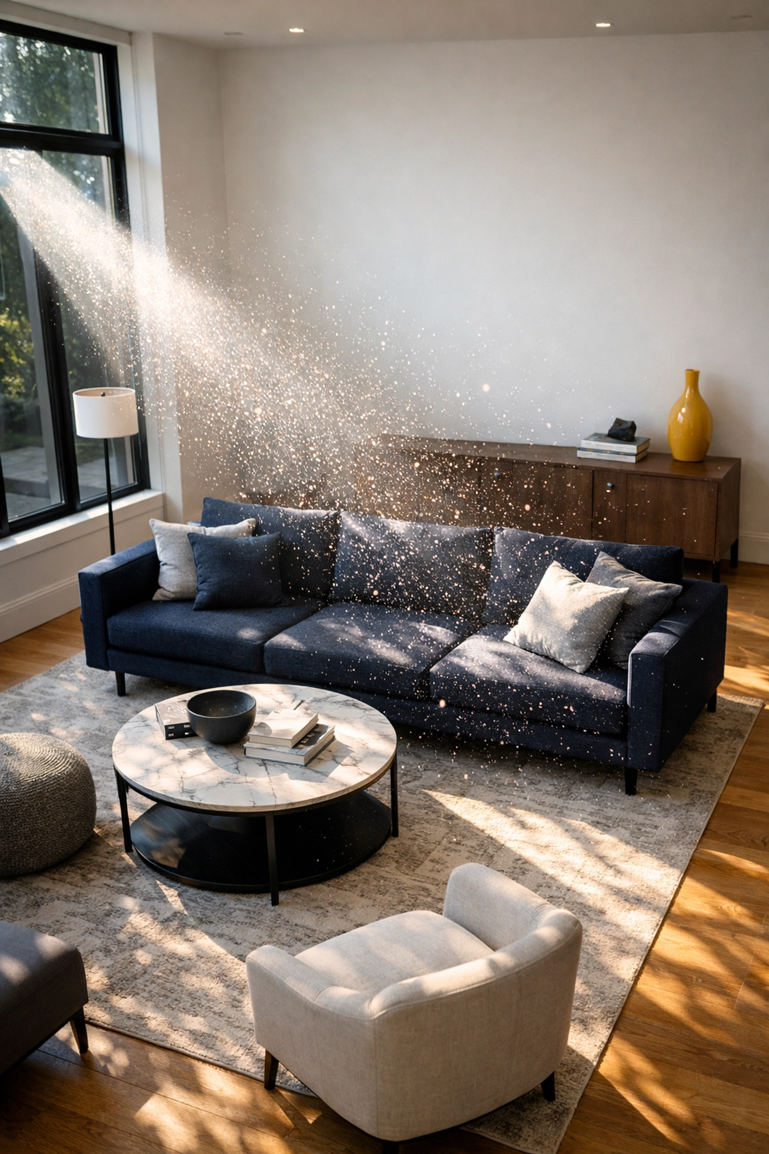 Fine construction dust visible in sunlight within a modern Westborough home during post-construction cleaning.