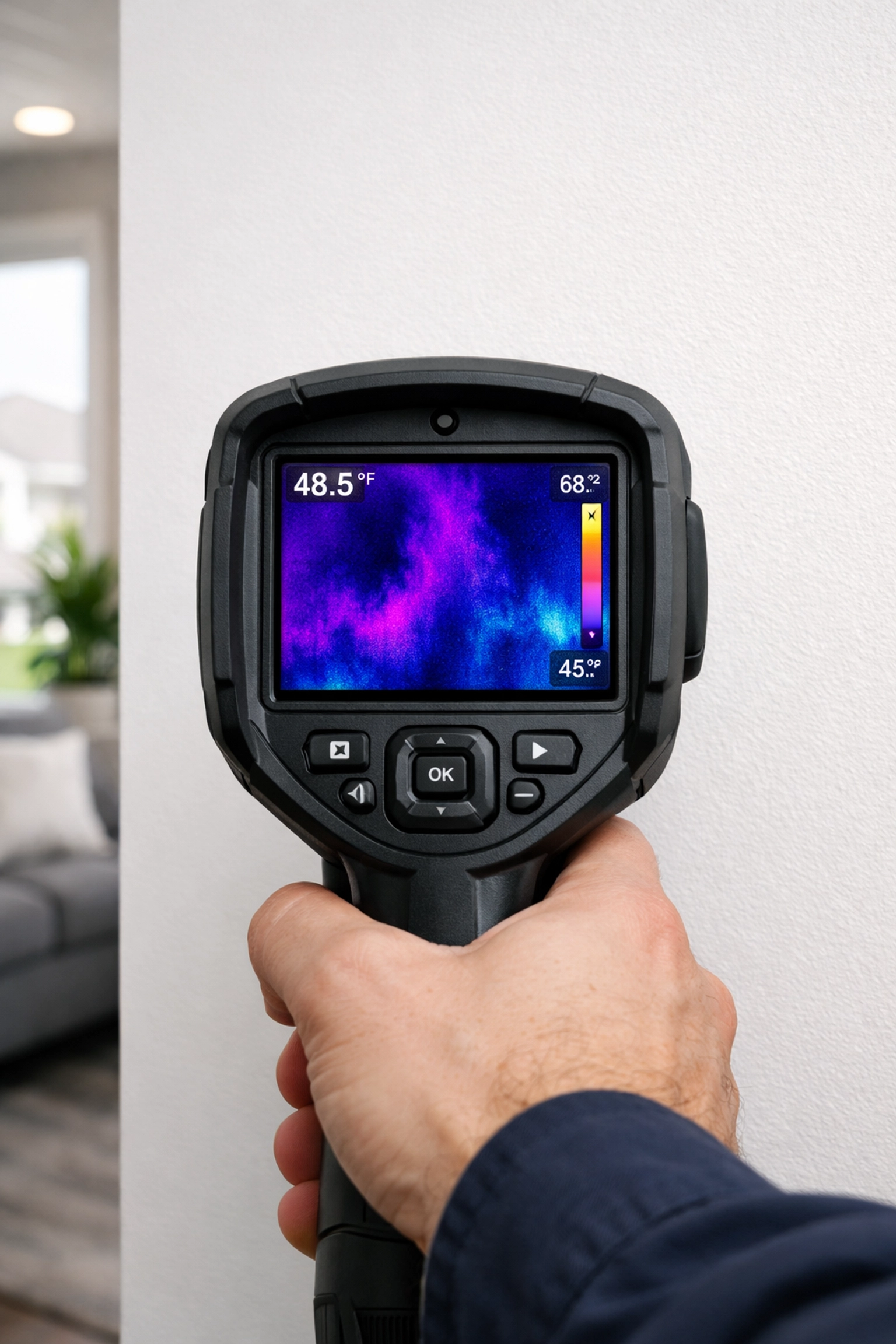 Technician using a thermal imaging camera to find hidden moisture behind walls for water damage restoration.