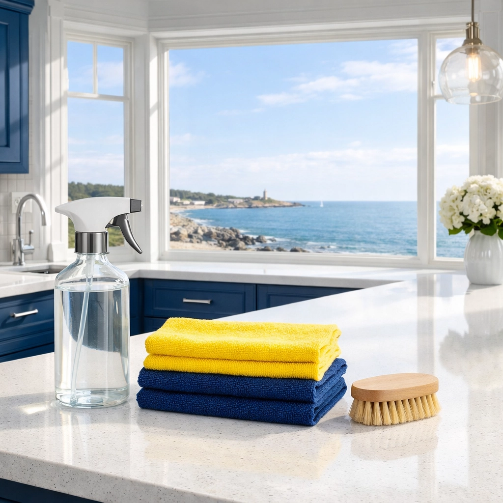 Eco-friendly Hingham residential cleaning products on a pristine white quartz kitchen countertop.