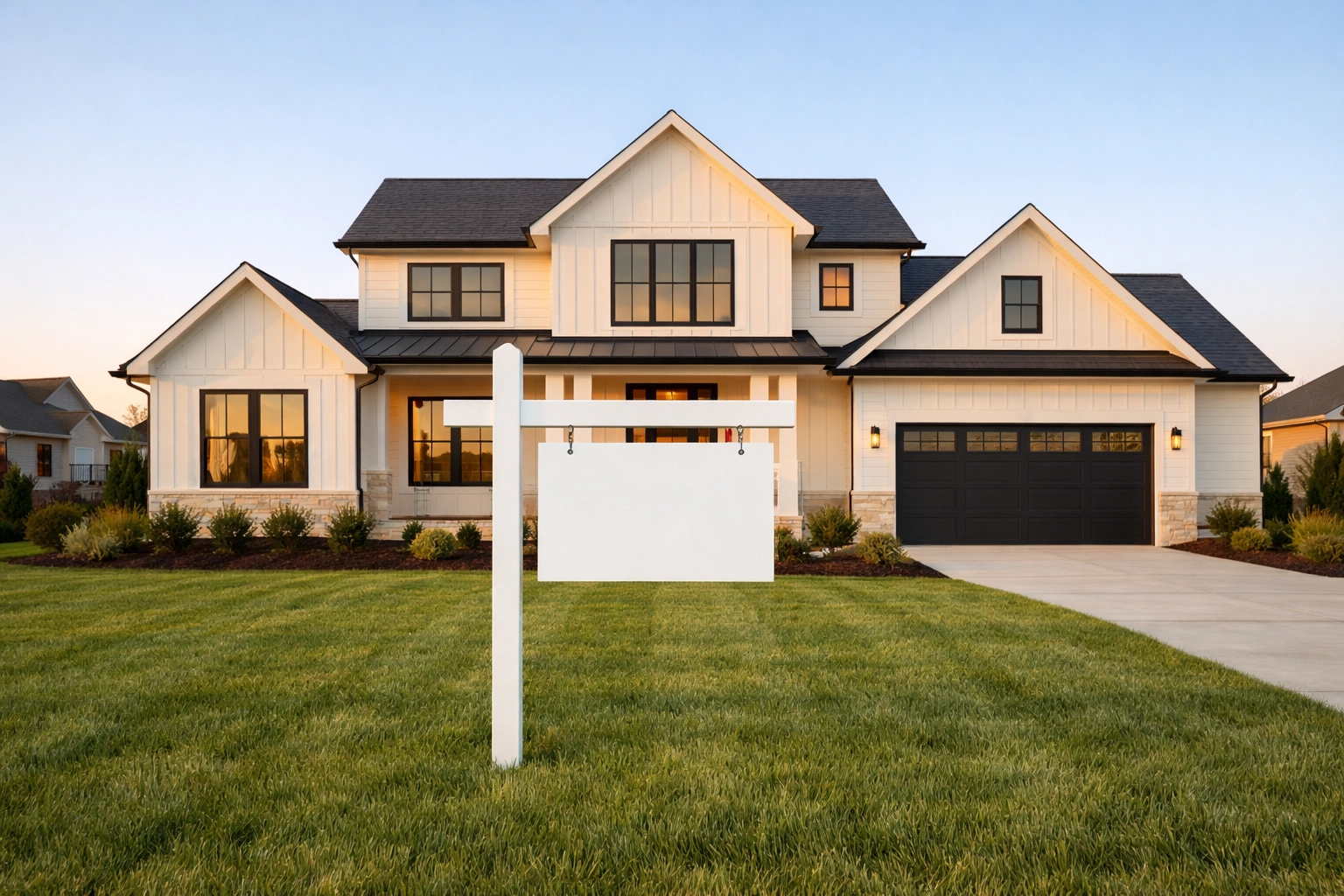 Modern new construction house in the Triangle area with clean white siding and professional landscaping.