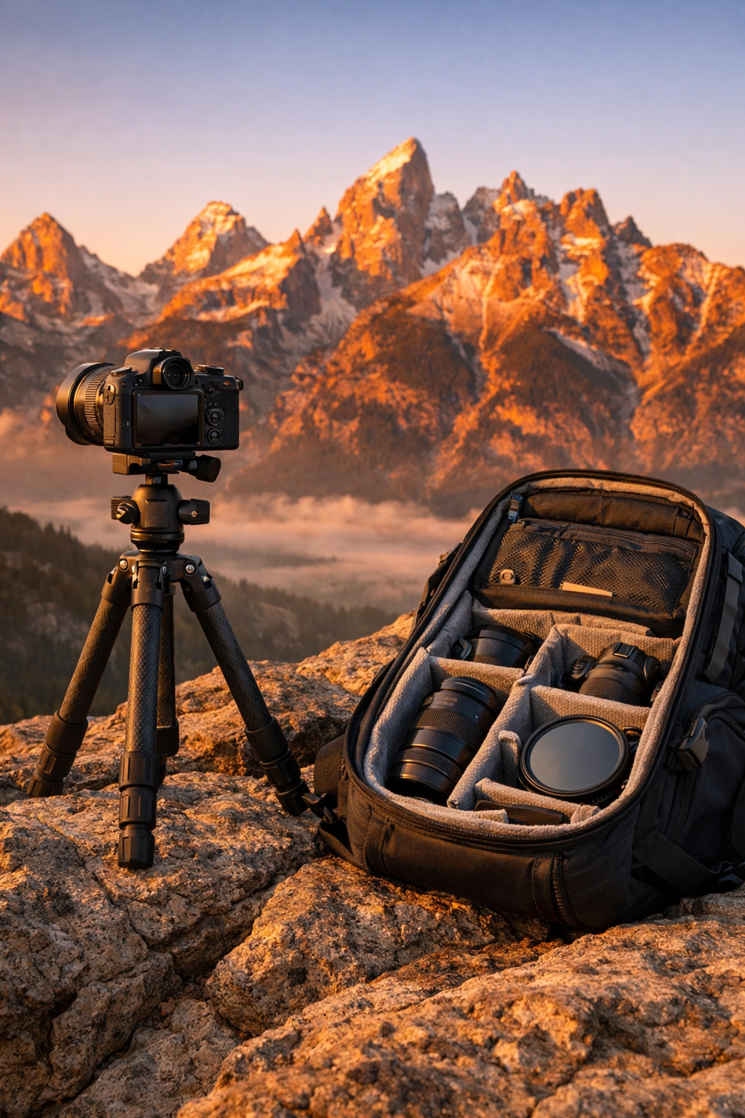 Professional photography gear at a Grand Teton sunrise spot, one of the best photography locations.