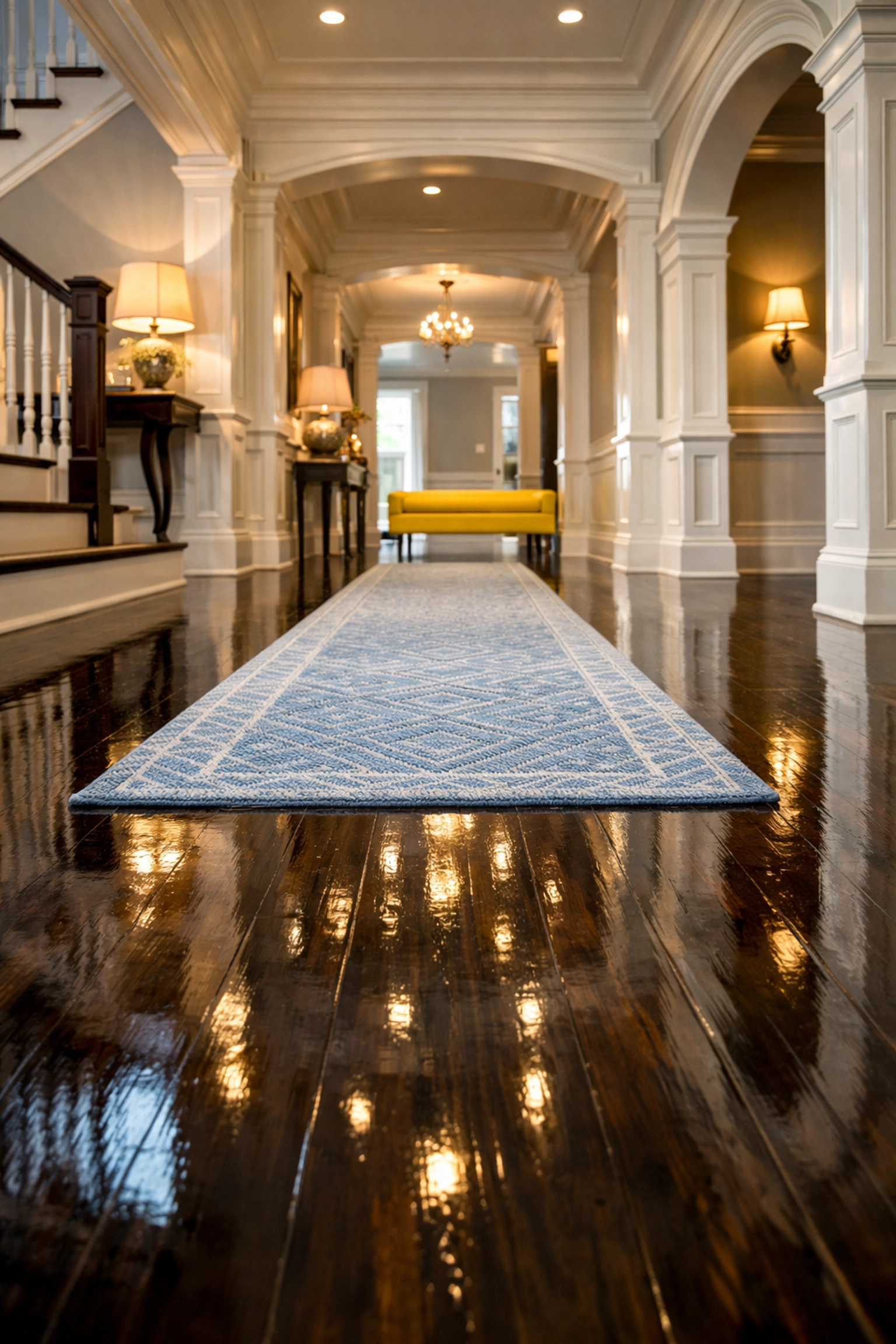 Shiny high-gloss hardwood floors in a clean Stow residence after a professional cleaning.