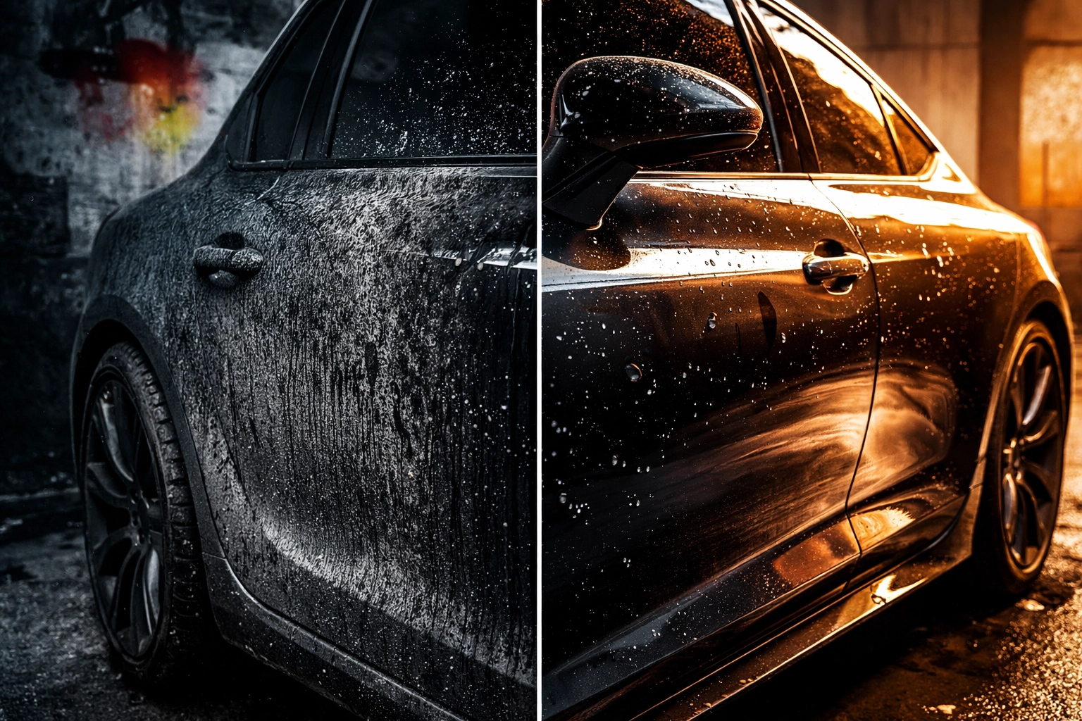 Before and after results of ceramic coating: car panel damaged by road salt versus glossy, protected finish. See the difference ceramic coating brings to Pittsburgh vehicles.