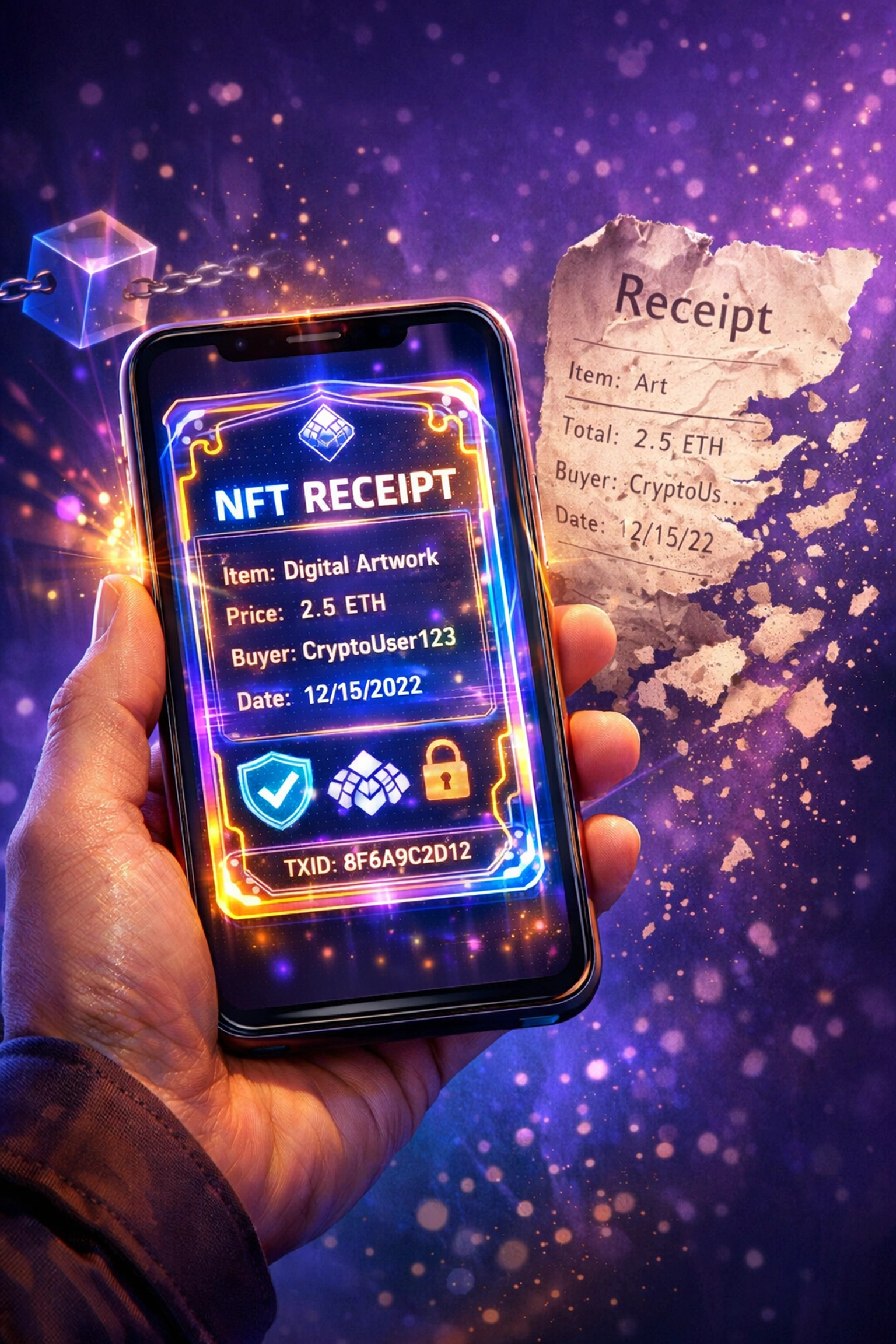 Blockchain-verified NFT receipt on smartphone compared to traditional paper receipt