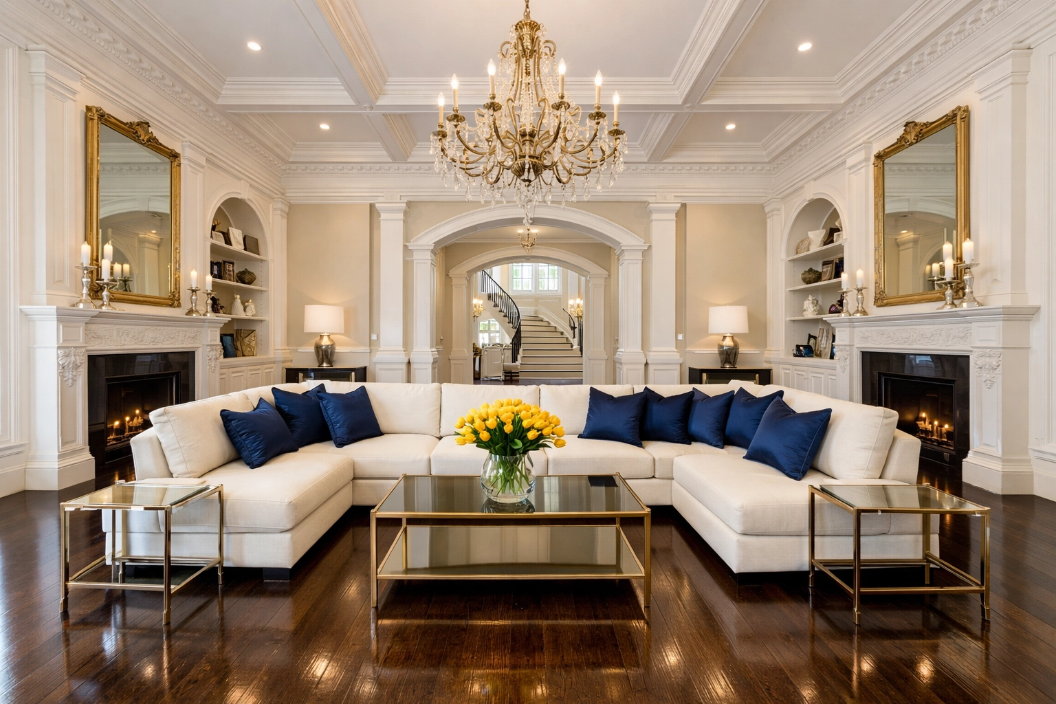 Spotless luxury living room in a Lexington mansion reflecting professional estate maintenance standards.