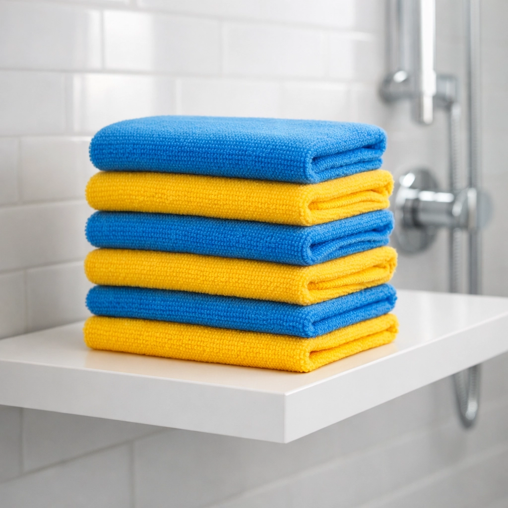 Organized color-coded microfiber cloths for a sanitary and professional house cleaning in Townsend MA.