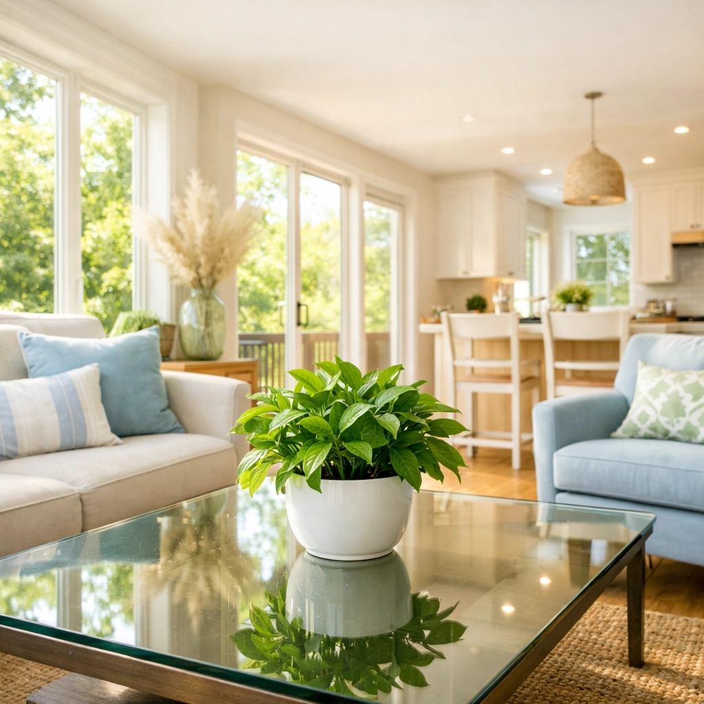 Bright, airy living room cleaned with eco-friendly products for recurring house cleaning in Northborough MA.