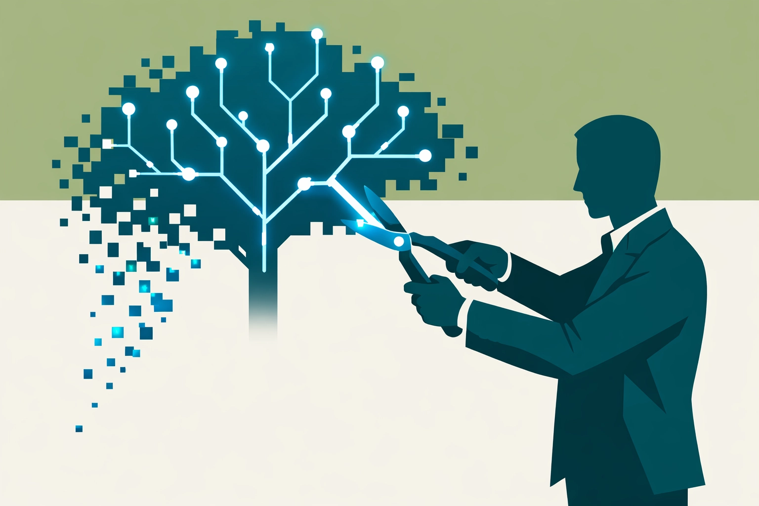 A digital architect pruning a data tree to show analytical clarity and the importance of data stewardship.