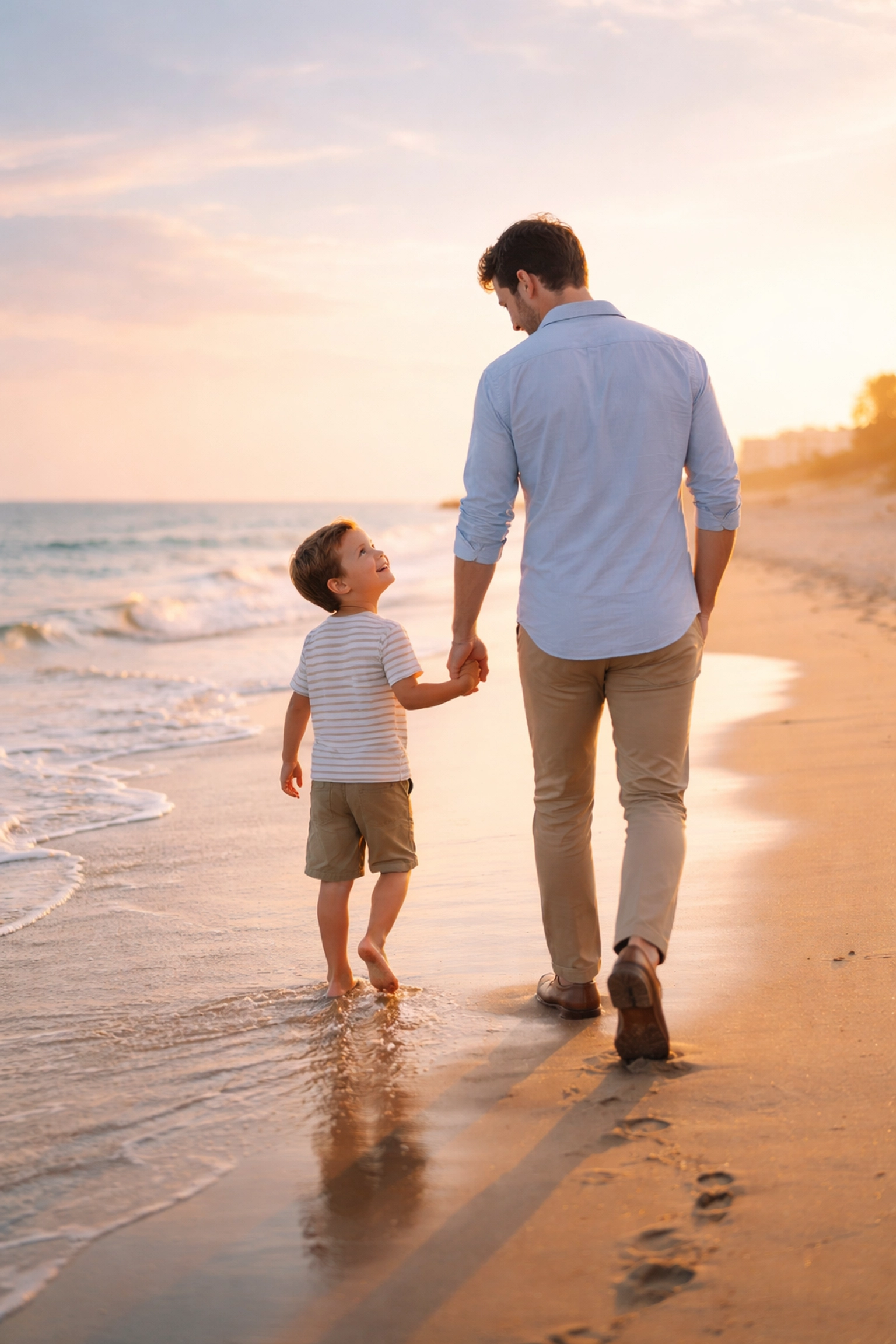 Parent and child walking hand-in-hand along Virginia Beach shoreline, symbolizing family unity and legal guidance