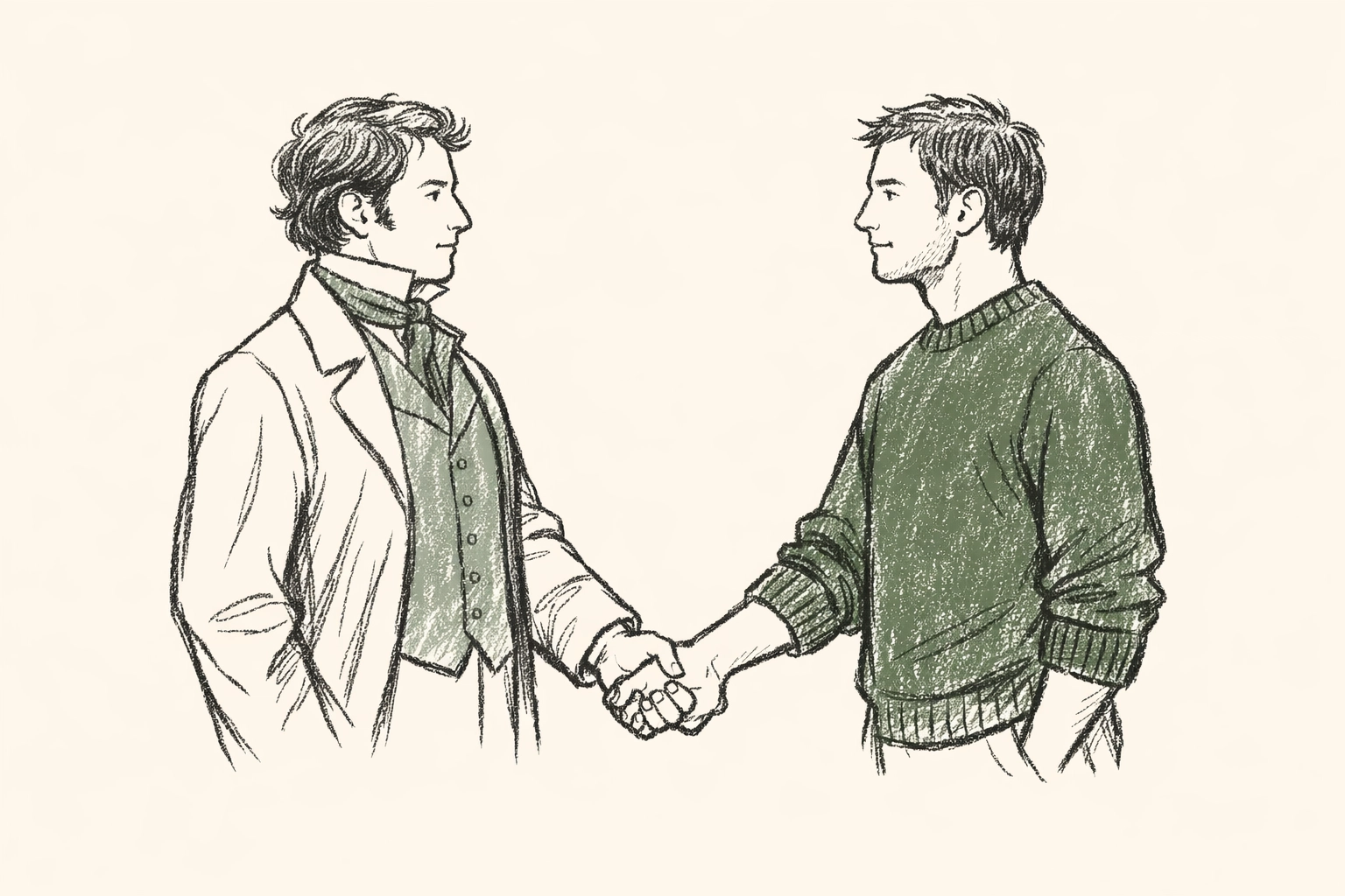 Illustration of historical and modern men holding hands, symbolizing the evolution of Queer identity and MM fiction.