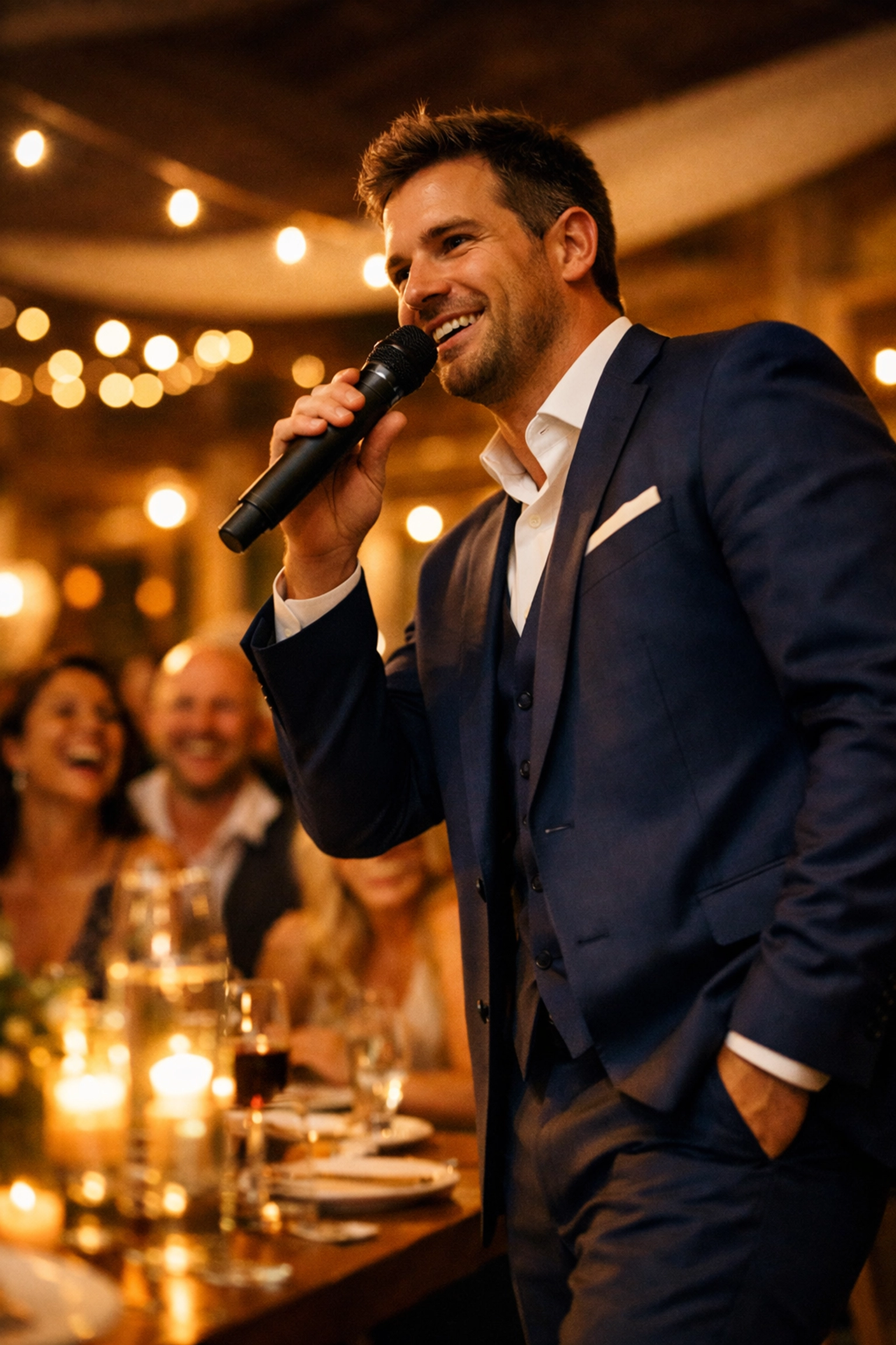 Professional wedding MC entertaining guests at Gold Coast reception venue