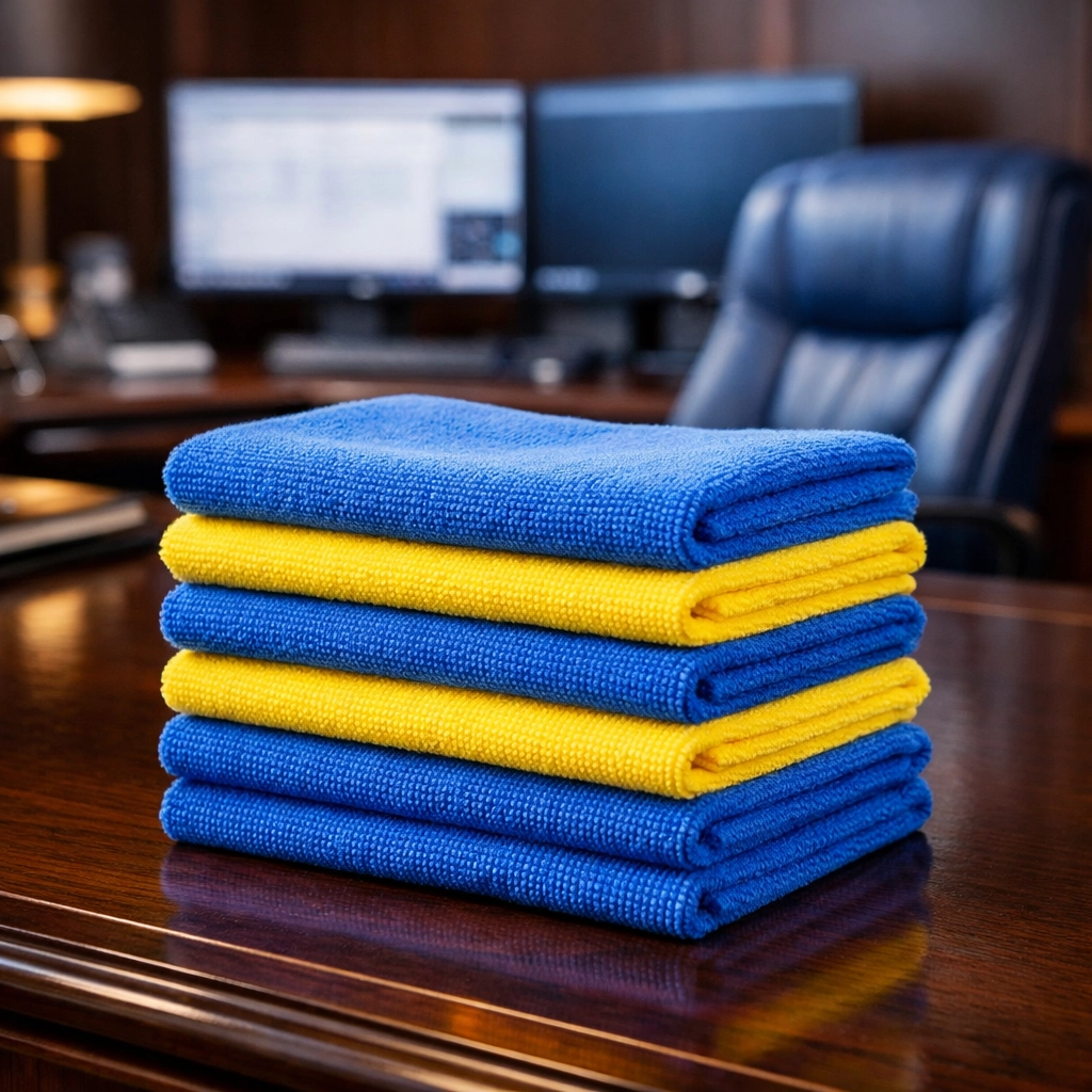 Color-coded blue and yellow microfiber cloths used for professional office cleaning in Westford to prevent germs.