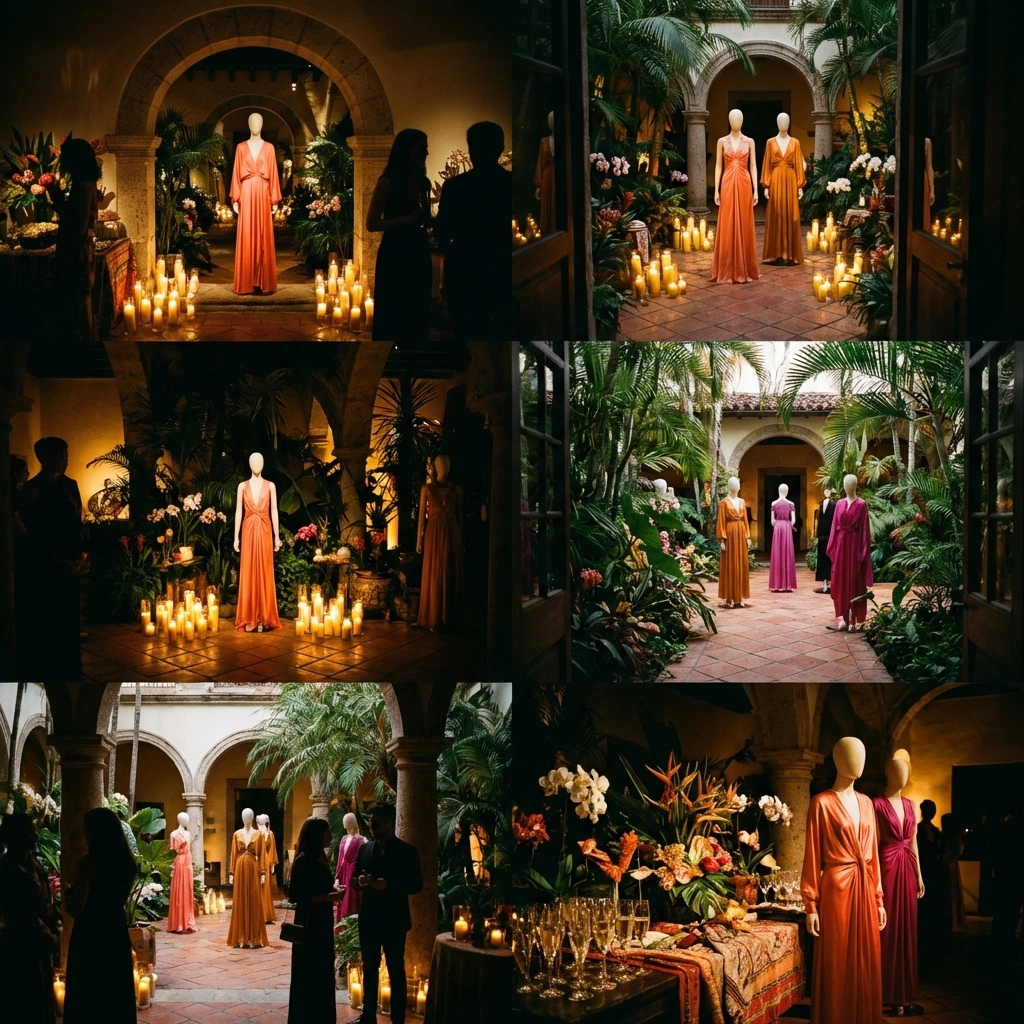 Private luxury fashion event showcasing silk dresses and Latin American architectural ambiance for celebrity collaborations
