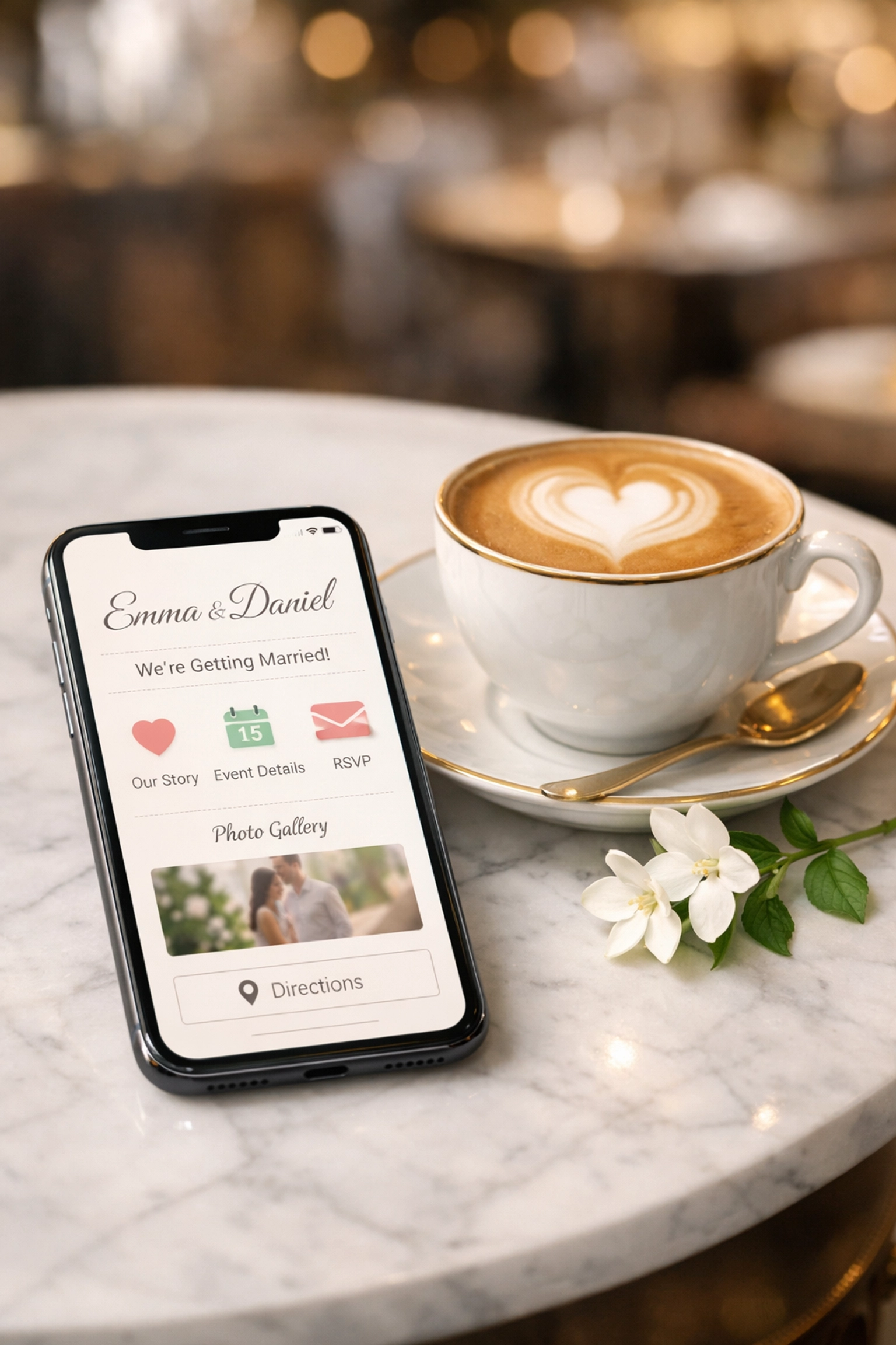 A smartphone displays a modern digital wedding RSVP and funding interface on a marble cafe table.