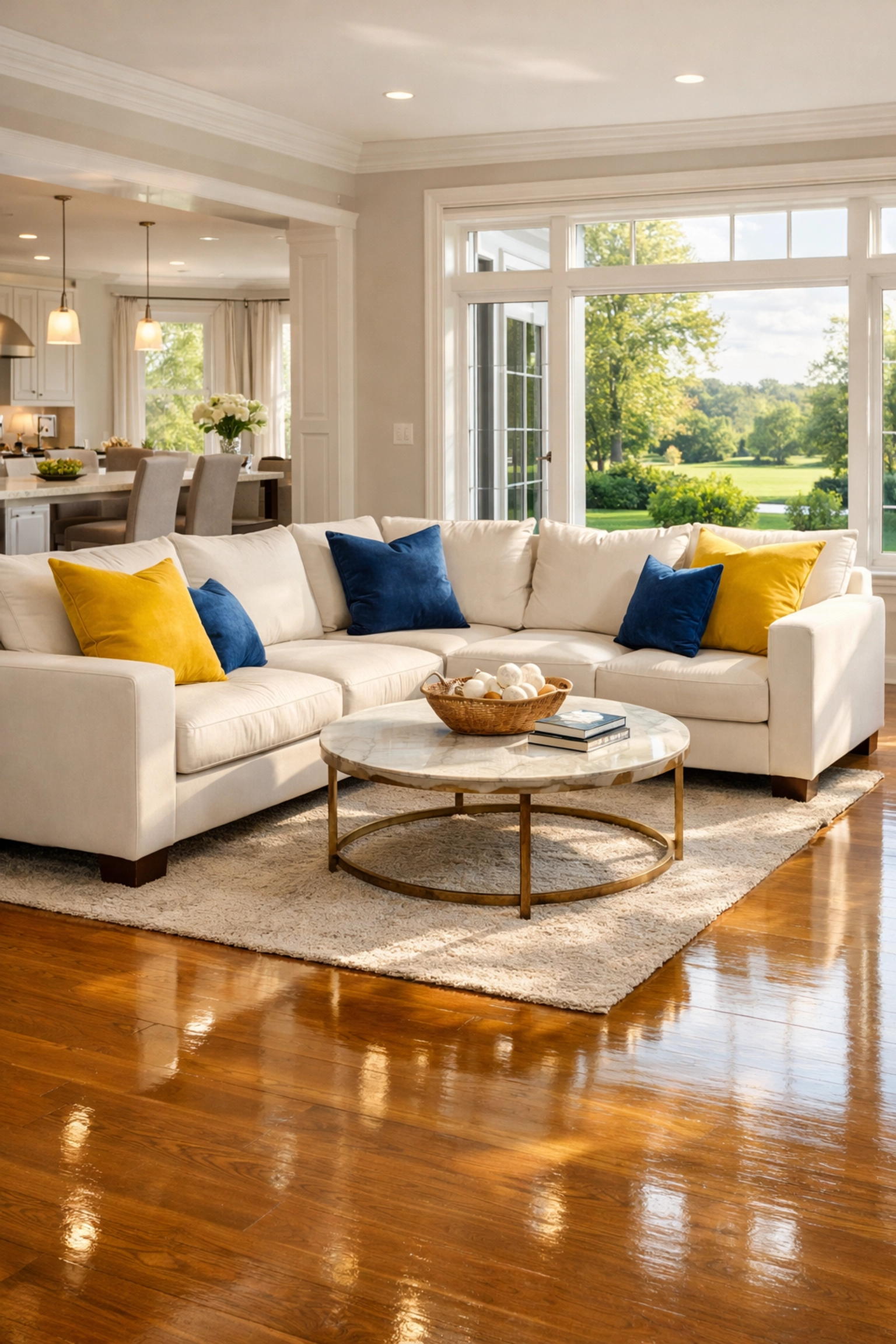 A dust-free luxury living room after a professional post construction cleaning service in a Massachusetts home.