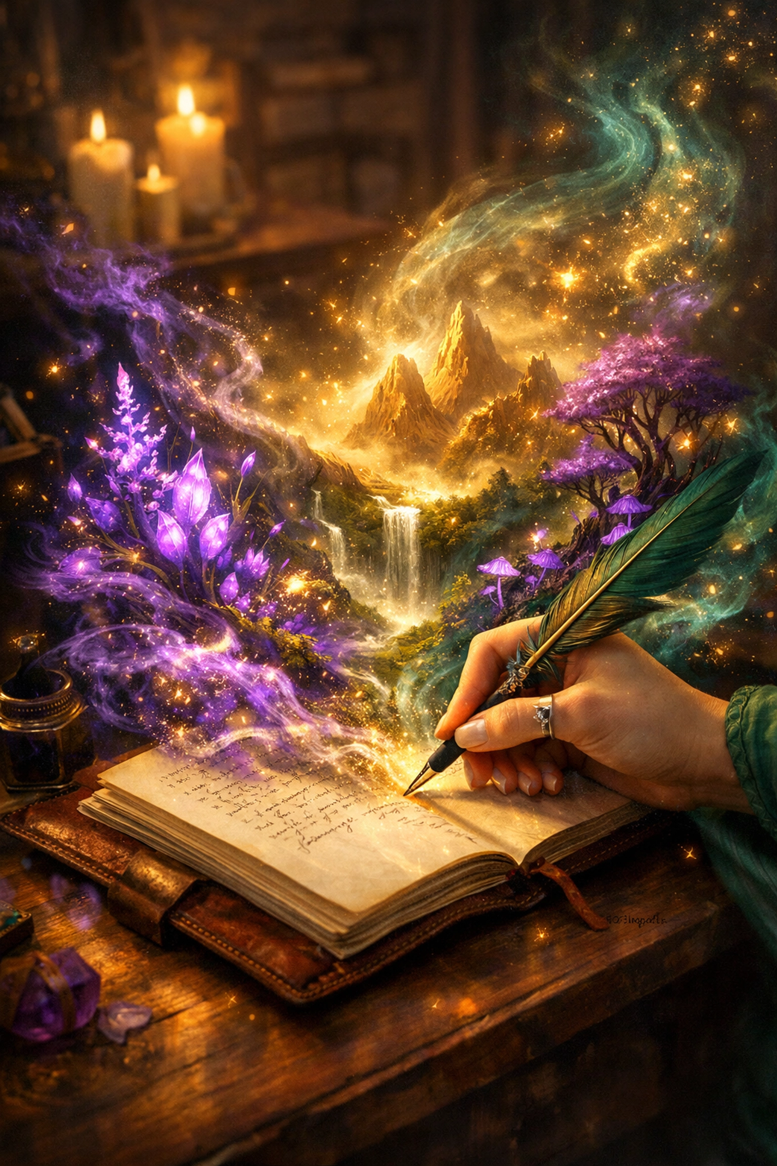A hand writing in a journal with fantasy magic swirling out, representing the choice to live fully at 50.