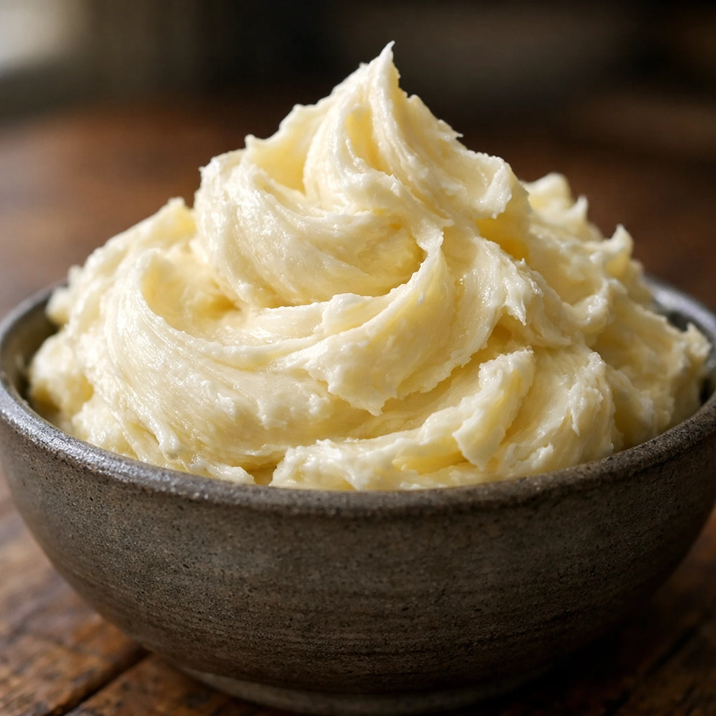 Raw whipped grass-fed tallow in a ceramic bowl showing the natural texture of ancestral skincare.