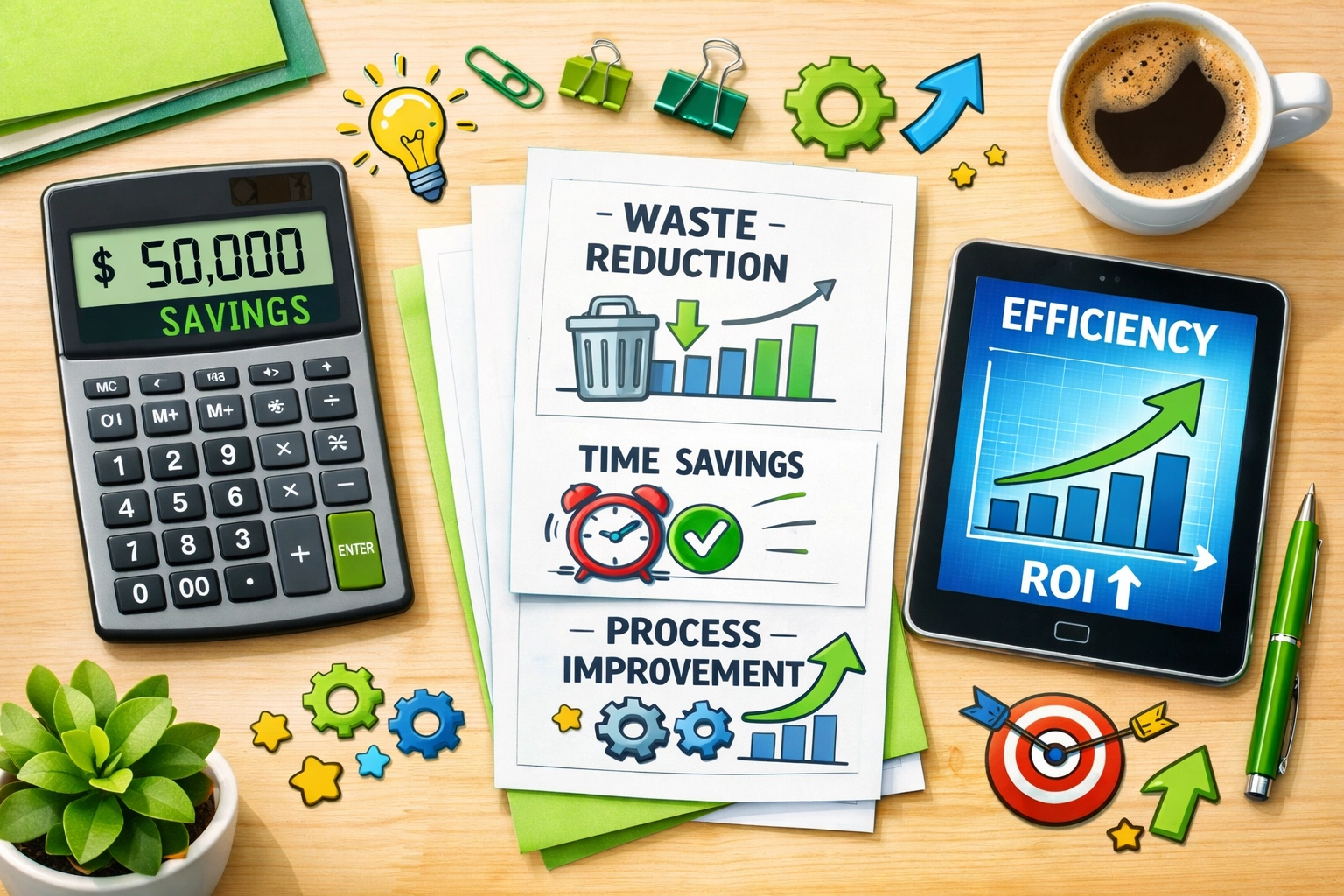 ISO 9001 efficiency gains and cost savings displayed on desk with calculator and growth charts
