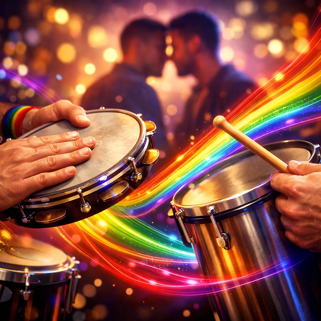 Samba drums being played at Rio Carnival with two men in background - LGBTQ+ romance