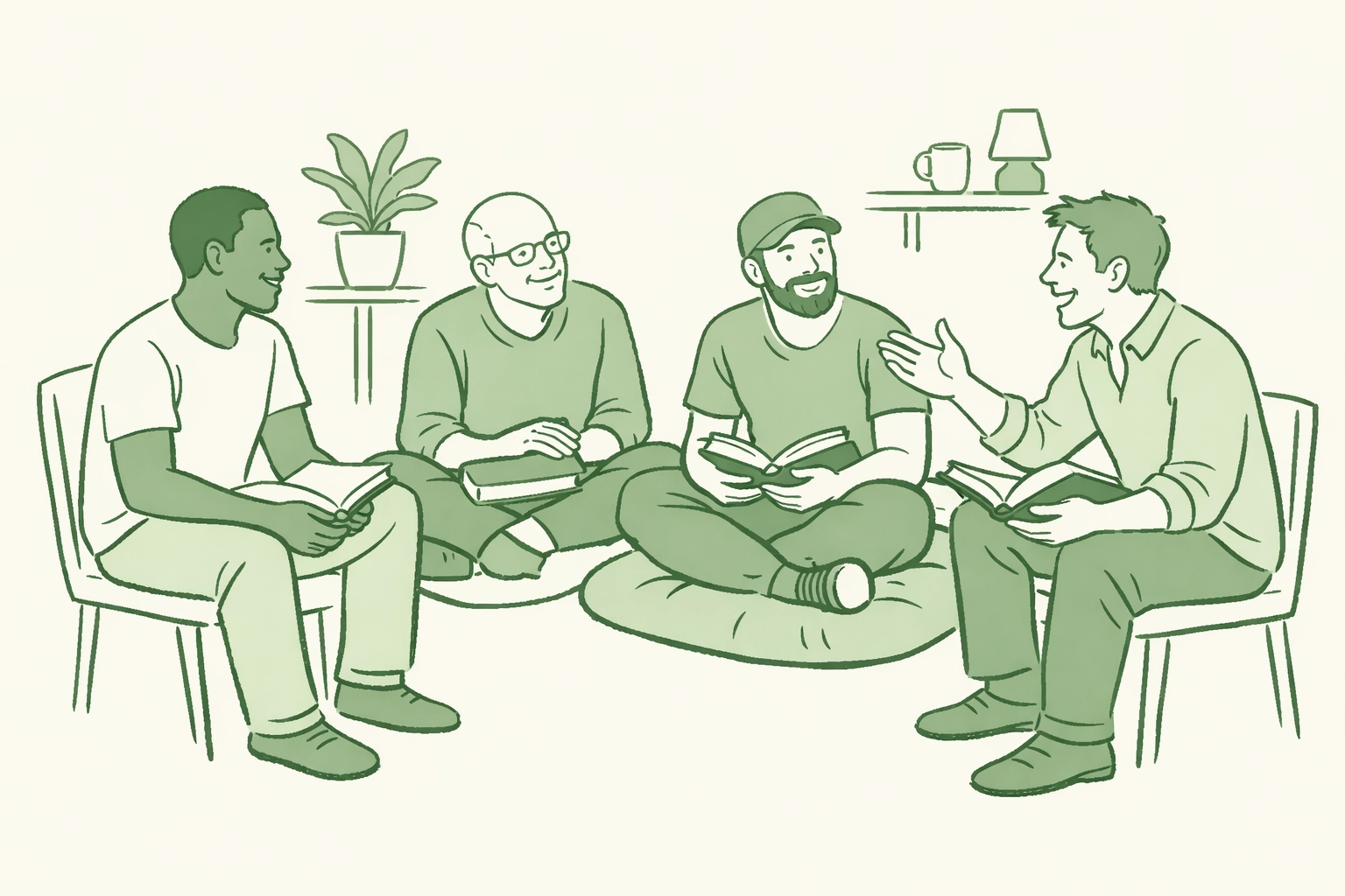 Gay men discussing books in circle at LGBTQ+ book club meeting with diverse participants sharing stories