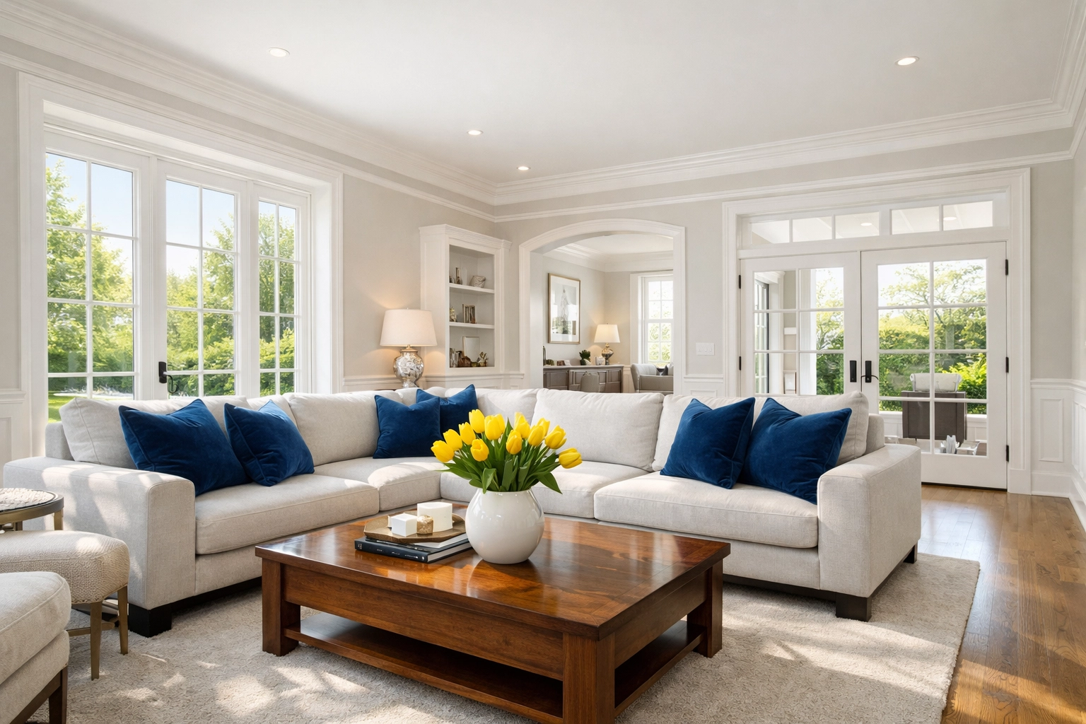 Meticulously clean living room in a modern Shrewsbury home after weekly house cleaning service.