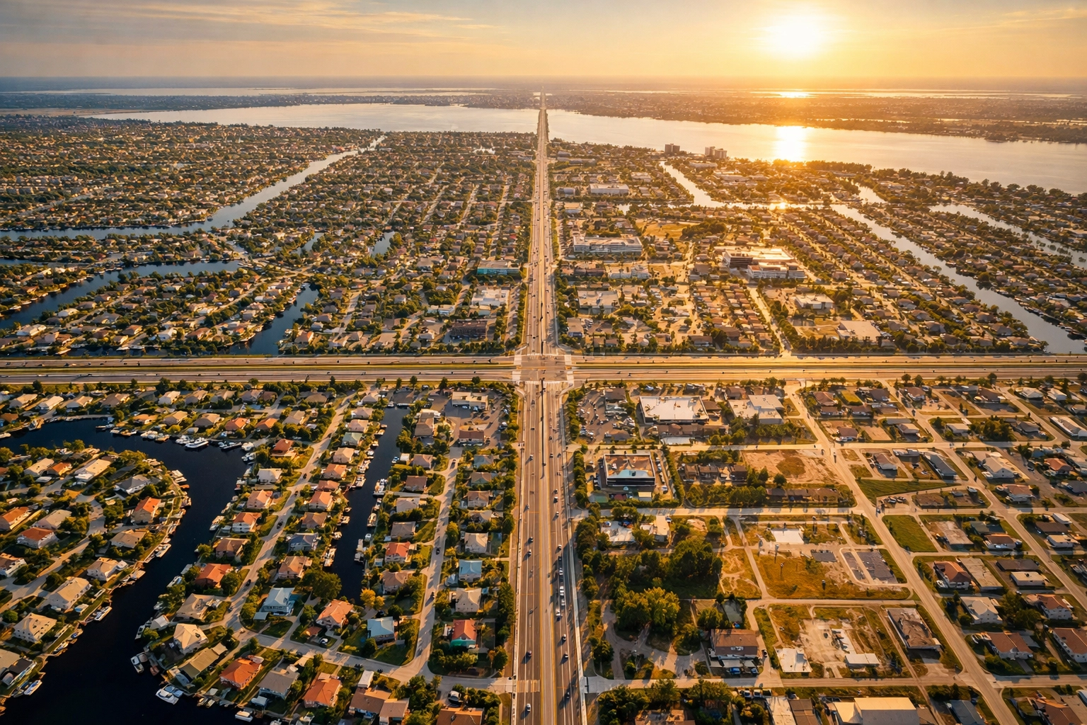 Aerial view of Cape Coral quadrants divided by Santa Barbara Boulevard and Hancock Bridge Parkway