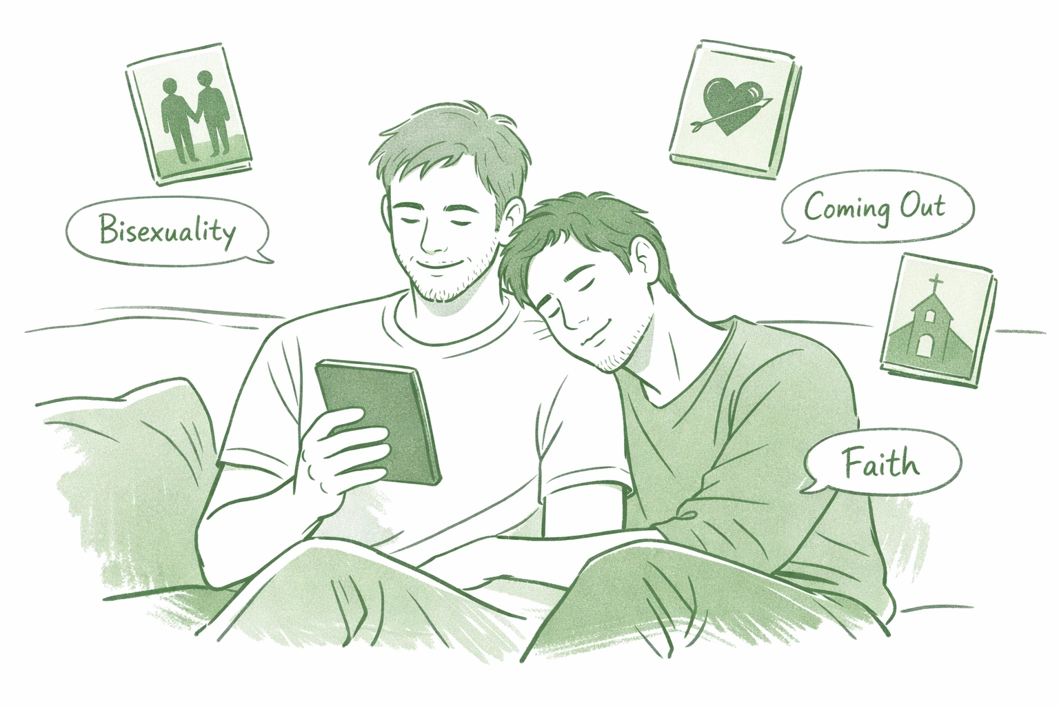 Two men reading MM romance ebooks together exploring bisexuality and coming out themes