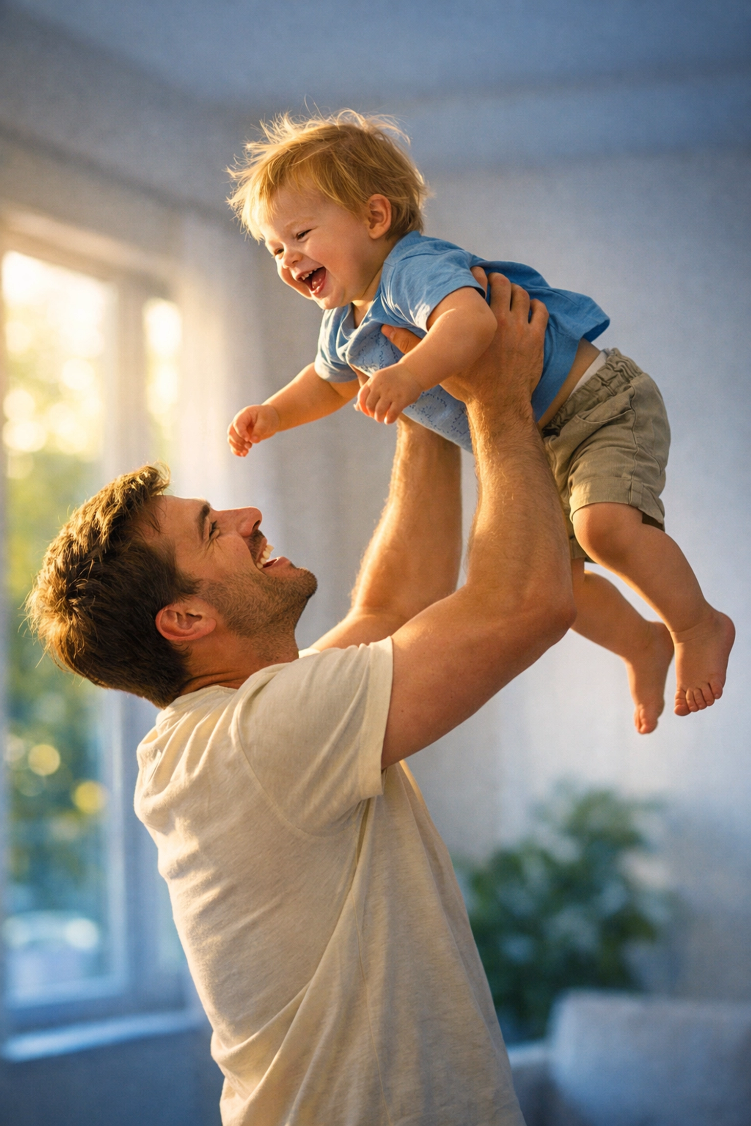 Father lifting toddler in sunny home, representing family financial security through life insurance.