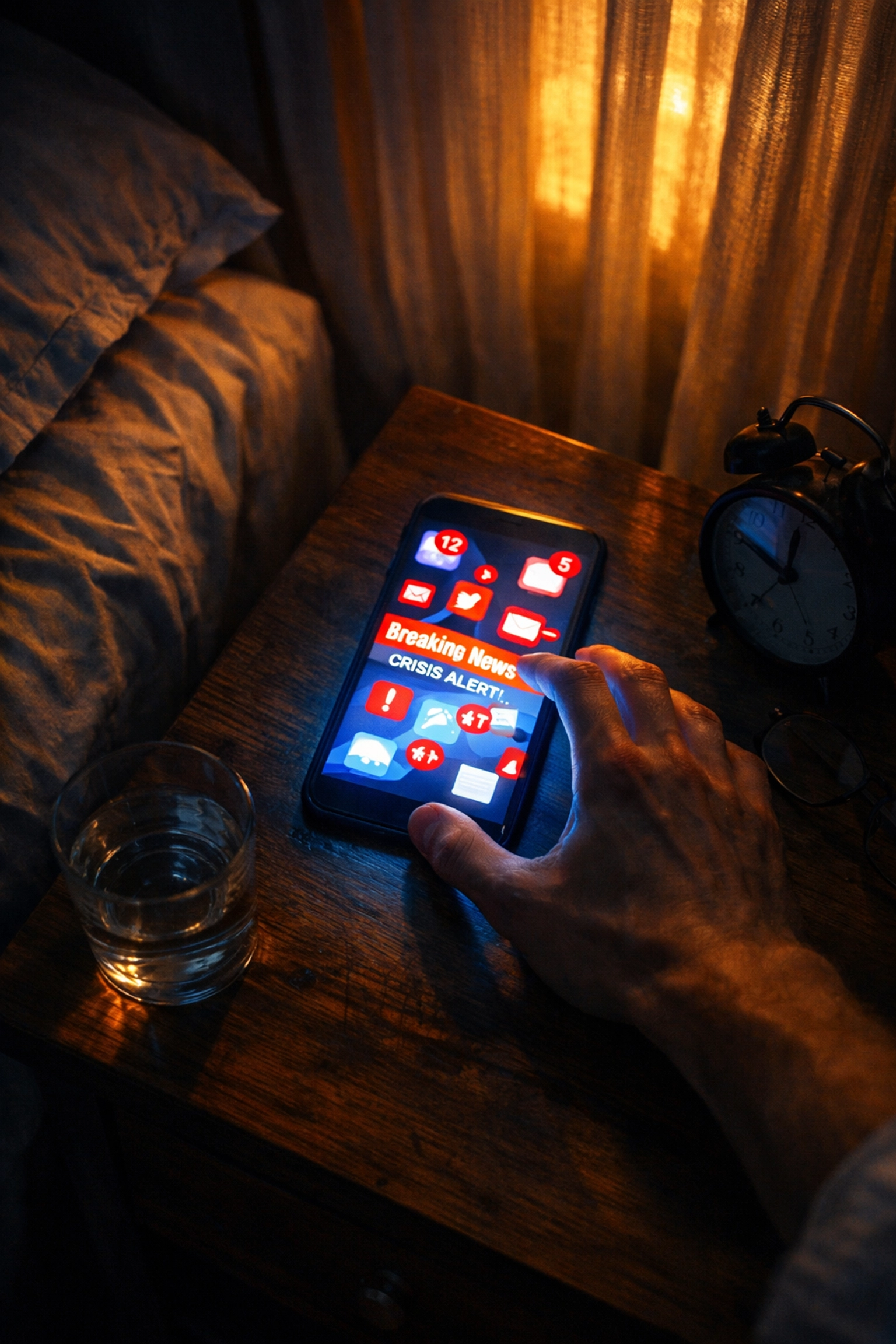 Hand reaching for smartphone with news alerts and notifications on nightstand at dawn